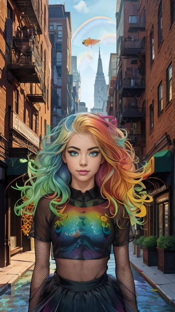 Mature teenage girl, curly blonde rainbow coloured hair, ((rainbow eyeliner mascara)), ((black mesh see through transparent top)), tutu skirt, fishnet stockings, ((naked)), small perfect breasts, ((1 large goldfish floating in the air)), Caucasian, ((one blue eye, one green eye)), smile