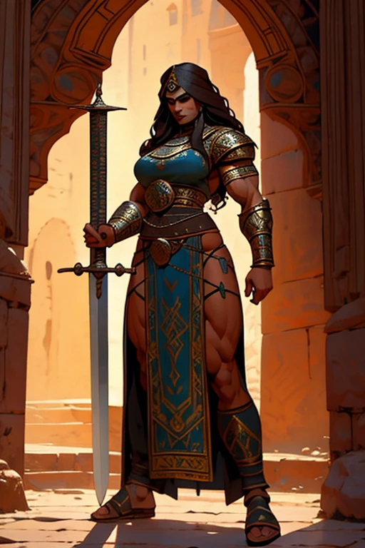 fullbody view, (((muscular))) beautiful persian woman, long dark hair, woman in medieval setting, wearing ornate plate armour with rich decoration, warrior woman with a sword, mighty powerfull frame, slender yet powerful physique