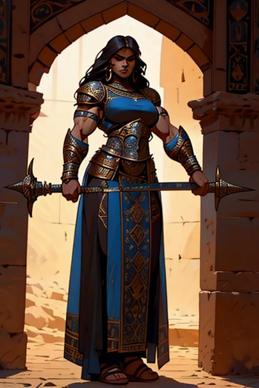 fullbody view, (((muscular))) beautiful persian woman, long dark hair, woman in medieval setting, wearing ornate plate armour with rich decoration, warrior woman with a sword, mighty powerfull frame, slender yet powerful physique