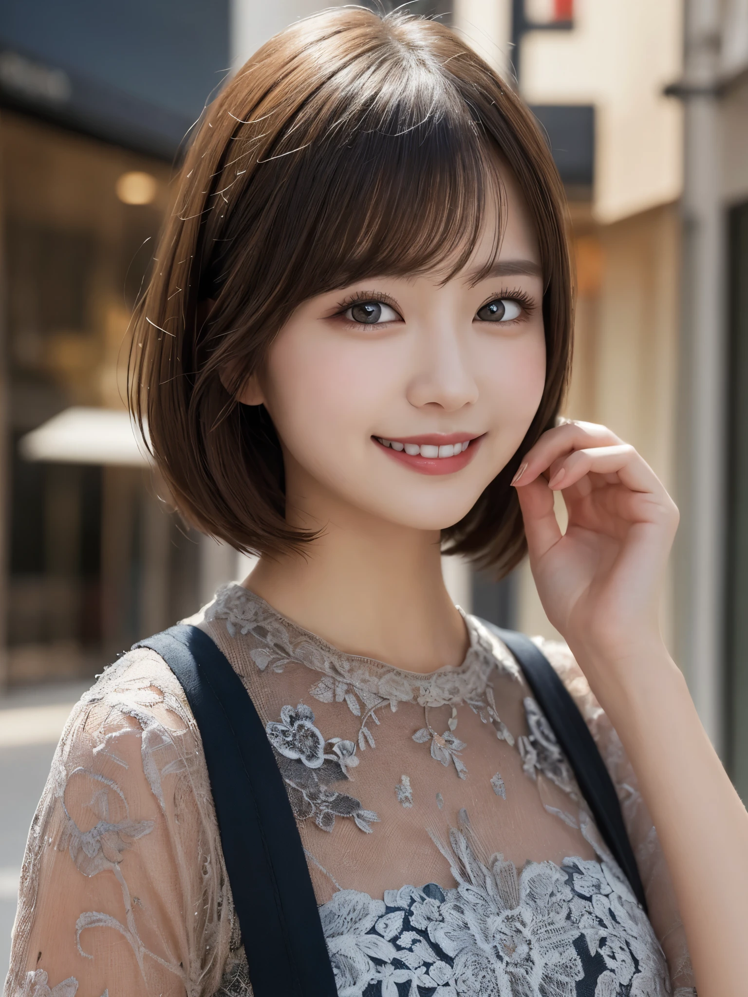 masterpiece, best quality, illustration, ultra-detailed, finely detailed, high resolution, 8K wallpaper, perfect dynamic composition, beautiful detailed eyes, Ginza, high-end fashion, short hair, confident expression, cute, smile, looking at camera