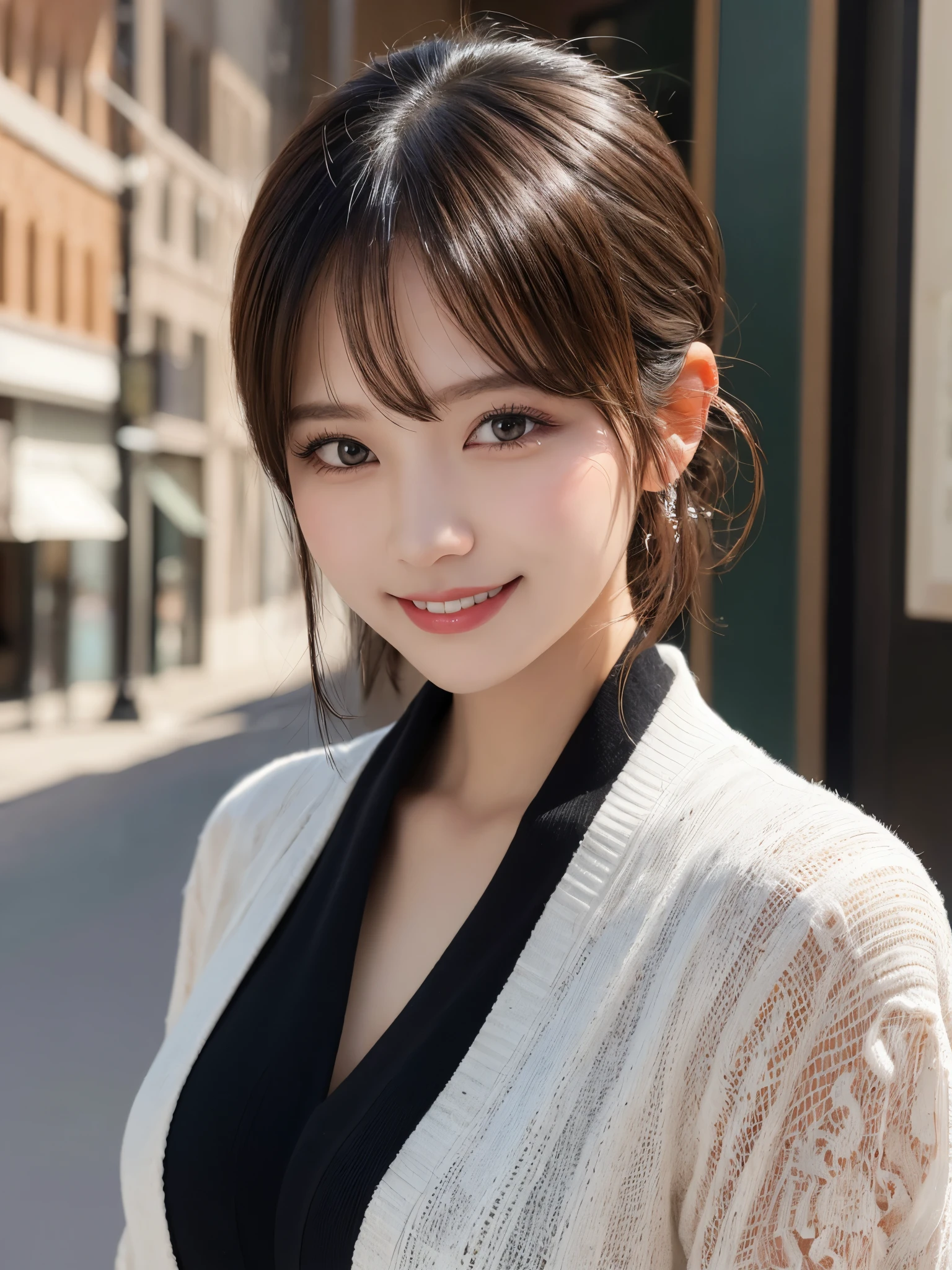 masterpiece, best quality, illustration, ultra-detailed, finely detailed, high resolution, 8K wallpaper, perfect dynamic composition, beautiful detailed eyes, Ginza, high-end fashion, short hair, confident expression, cute, smile, looking at camera