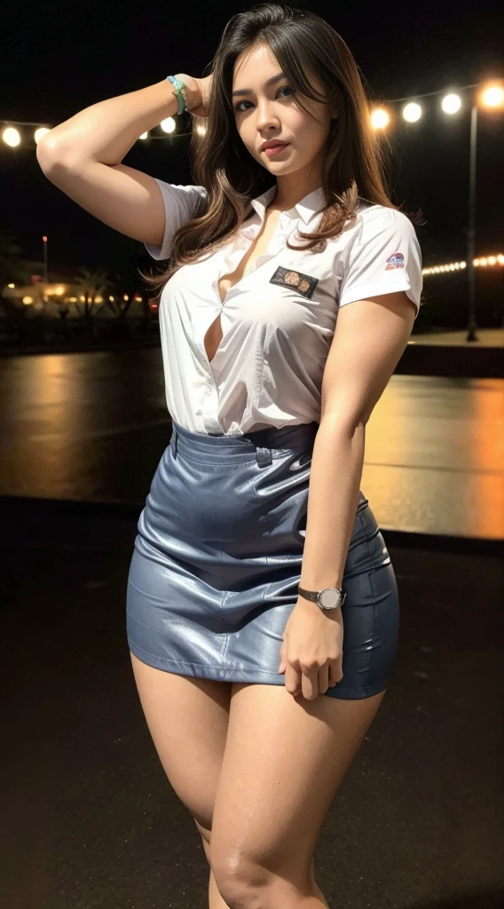 1girl, solo, sensual woman, (Indonesian_high_school), semi-curvy body, outdoors, night view, Metropolitan city scenery at the background, detailed face, detailed eyes, in the middle, unparalleled beauty, looking at the camera , medium breasts, detailed skin, fit legs,  fit arms, muscular abs, looking at the audience,wearing buttoned white shirt, wearing short skirt, (8k, RAW photo, best quality, masterpiece: 1.2), (realistic, realistic: 1.37), ultra-high resolution