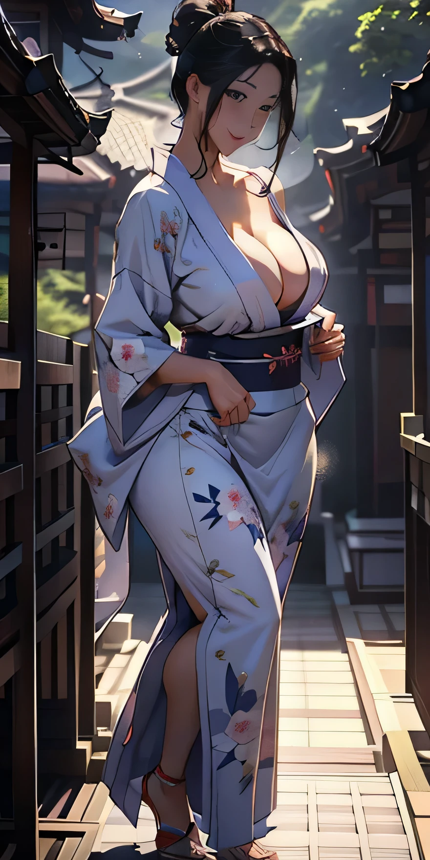 realistically、Full body contact looking up from below the ground、rear view、My thighs are also getting a little thicker、25 year old girl with accentuated thighs、Wearing a purple yukata、 augmentation and emphasis on cleavatile sensual poses、smile face、Japanese hot spring town Inakamachi、Emphasis on shading the chest contour