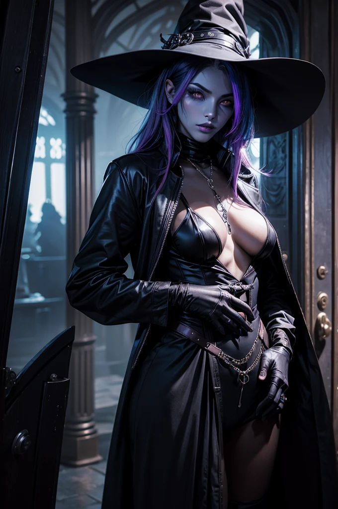 23 years old,cute boy, young man,blue skin, black With purple highlights hair, red eyes,Perfect face, androgynous, Hermaphrodite, intersex,With feminine features, and delicate body, fantasy Witch Boy Salem, Modern witch aufit,Silent Hill, Wearing clothes from 1693. The robe is two-piece,FemBoy, Gothic style sexy, Gothic style, Arriving in New York from a portal.
