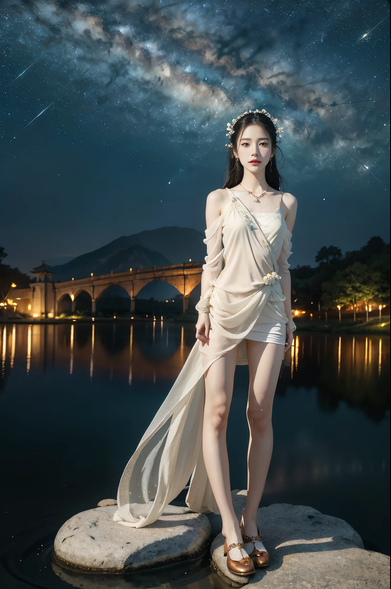 (((best quality))),(((ultra detailed))),(((masterpiece))),illustration,((1 beautiful girl,solo)),(shoulder length straight hair:1.2),((earrings,necklace)),((slim,thin)),((small breasts,flat chest)),(gorgeous sheer red Hanfu:1.5),(slender legs:1.2),(loafers:1.2),(standing:1.3),(arms behind back:1.5),(on the stone arch bridge:1.3),((starry sky,the Milky Way,horizon)),elegance, grace, sophisticated updo, delicate hairpins, twinkling stars, radiant smile, bright eyes, wonder, beauty of the night sky, intricate patterns, flowers, birds, vibrant colors, ethereal, enchanting, old bridge, weathered, sturdy, natural surroundings, serene, peaceful atmosphere, rippling water, stars, graceful silhouette, magic, tranquility, twinkling stars, mesmerizing canopy of light, cool air, crisp, faint scent of blooming flowers, contemplation, admiration, ancient China, timeless, rich culture, traditions, captivating, enchanting atmosphere, myth, legend,((from front,full body))