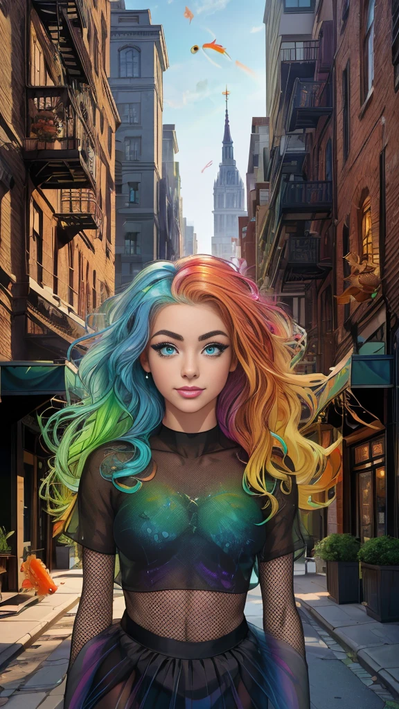 Mature age girl, curly blonde rainbow coloured hair, ((rainbow eyeliner mascara)), ((black mesh see through transparent top)), tutu skirt, fishnet stockings, ((naked)), small perfect breasts, ((1 large goldfish floating in the air)), Caucasian, ((one blue eye, one green eye)), smile