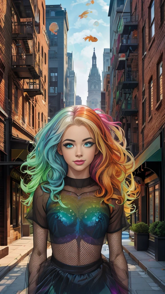Mature age girl, curly blonde rainbow coloured hair, ((rainbow eyeliner mascara)), ((black mesh see through transparent top)), tutu skirt, fishnet stockings, ((naked)), small perfect breasts, ((1 large goldfish floating in the air)), Caucasian, ((one blue eye, one green eye)), smile
