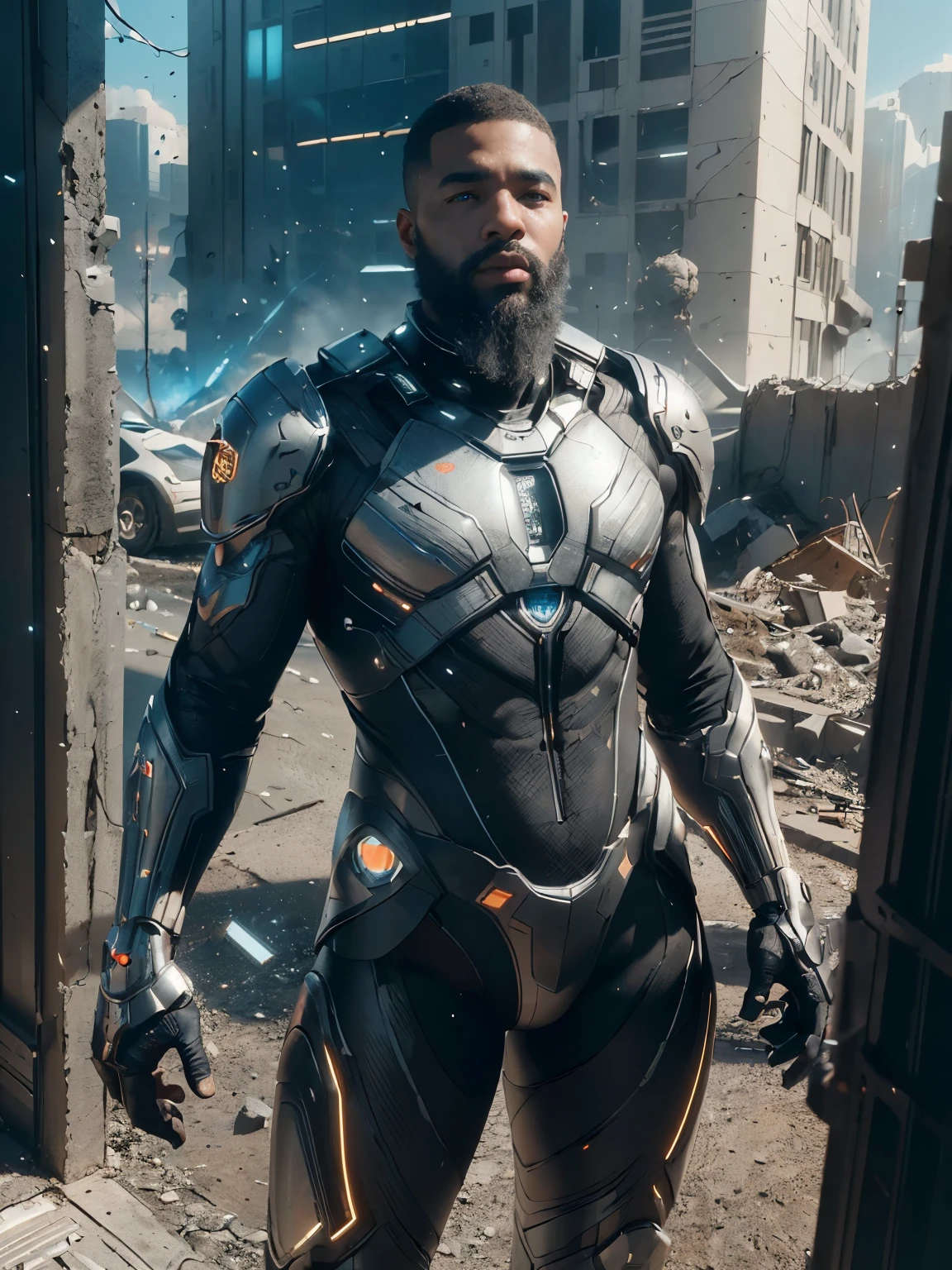 ((Best Quality)), ((masterpiece)), ((realist)), (detailed), (photorealist: 1.5), BEARDED BLACK MAN, (thick body), (black and white suit), lights on the armor, cybernetic clothing, looking at the viewer, dynamic pose, post-apocalyptic, destroyed city background, burning buildings, Science fiction, HdR, ray tracing, NVIDIA RTX, Super resolution, Unreal 5, subsurface dispersion, textured PBR, post processing, Anisotropic filtering, depth of field, clarity and maximum sharpness, rule of thirds, 8K RAW, (Luminescent particles: 1.4), (extremely detailed cg, unity wallpaper 8k, 3D, cinematic lighting, Lens flare), reflections, sharp focus, cyberpunk art, Cyberpunk architecture,