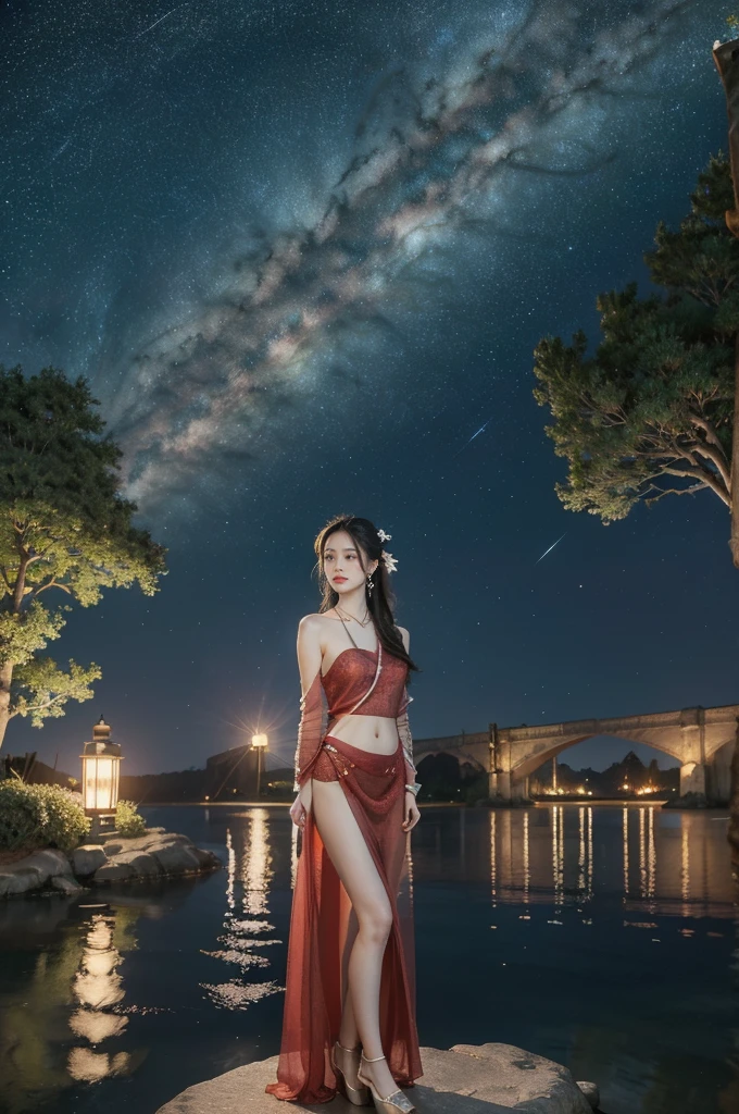 ((best qualtiy)), ((tmasterpiece)), ((Long-range shots)),early evening, A woman who is,Standing in the middle of the salt lake,The surface of the water is like a mirror,Reflecting the sky。Look at the sky,The Milky Way is in the sky。masterpiece, best quality, highres, ultra high res,normal body shape,anime,1 girl,morning,long hair