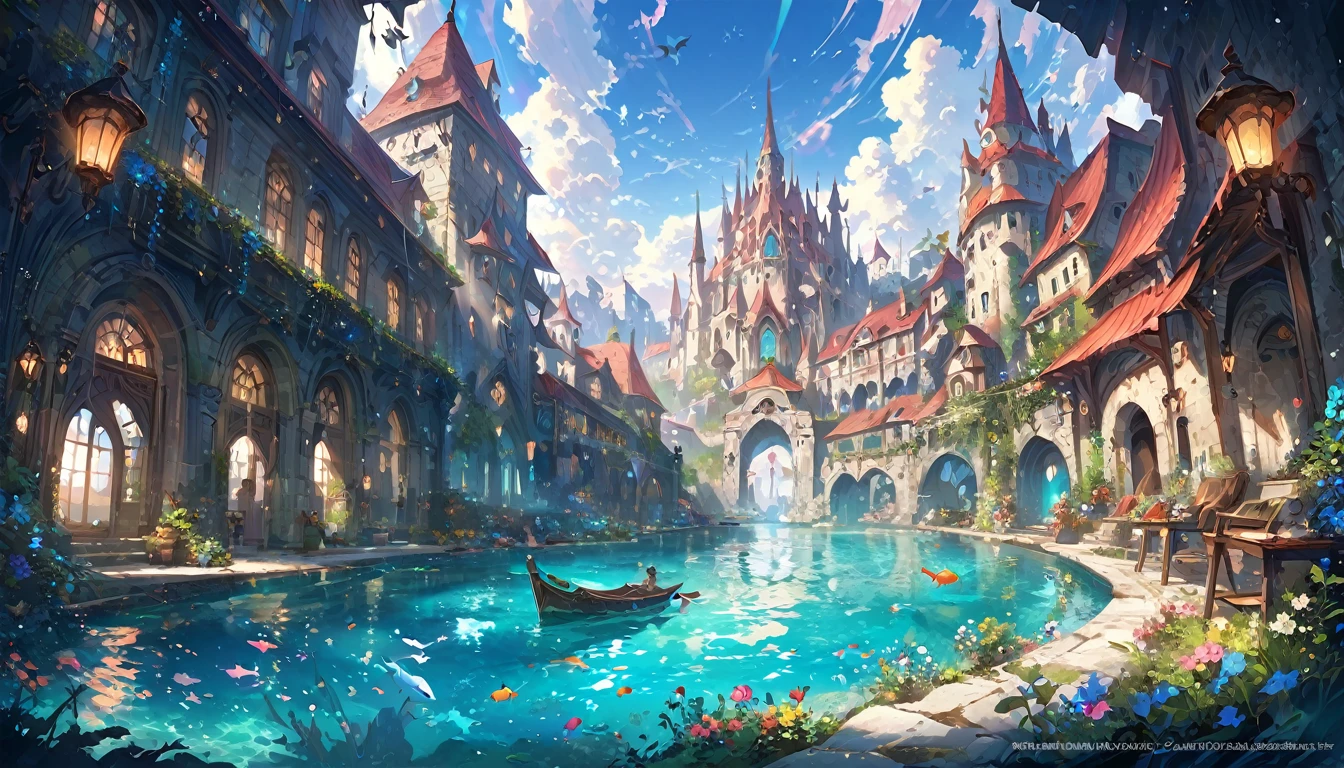 color (Fantasy: 1.2), (hayao miyazaki style), (Irregular Building Floating in the Sea), Patchwork Cottage, Floral decoration, Light, Concept art inspired by Andreas Rocha, Artstation Contest Winner, Fantasy art, (an underwater city), Ross Tran, Light shaft, Realistic lighting, masterpiece, high quality, Beautiful graphics, Attention to detail, masterpiece, high quality, Beautiful graphics, Attention to detail, 