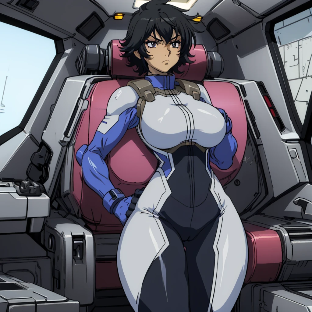 closed mouth, (************), ((1girl)), ((((solo))), (((alone))), (((genderbend))), (((female))), wide hips, thick thighs, huge breast, narrow waist,  1st pilotsuit, 1st skin tight bodysuit, cockpit, monitor, ((anime artstyle)), long eyelashes, long black hair