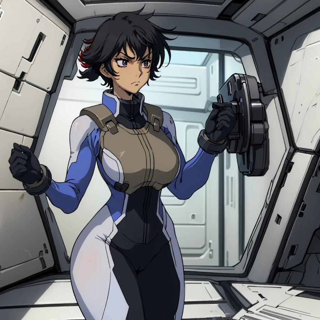 closed mouth, (), ((1girl)), ((((solo))), (((alone))), (((genderbend))), (((female))), wide hips, thick thighs, huge breast, narrow waist,  1st pilotsuit, 1st skin tight bodysuit, cockpit, monitor, ((anime artstyle)), long eyelashes, long black hair