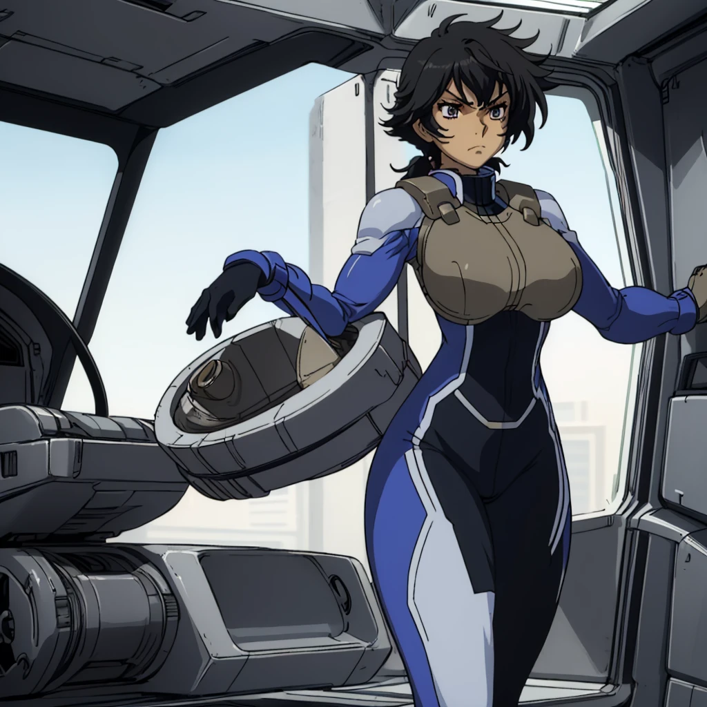 closed mouth, (************), ((1girl)), ((((solo))), (((alone))), (((genderbend))), (((female))), wide hips, thick thighs, huge breast, narrow waist,  1st pilotsuit, 1st skin tight bodysuit, cockpit, monitor, ((anime artstyle)), long eyelashes, long black hair