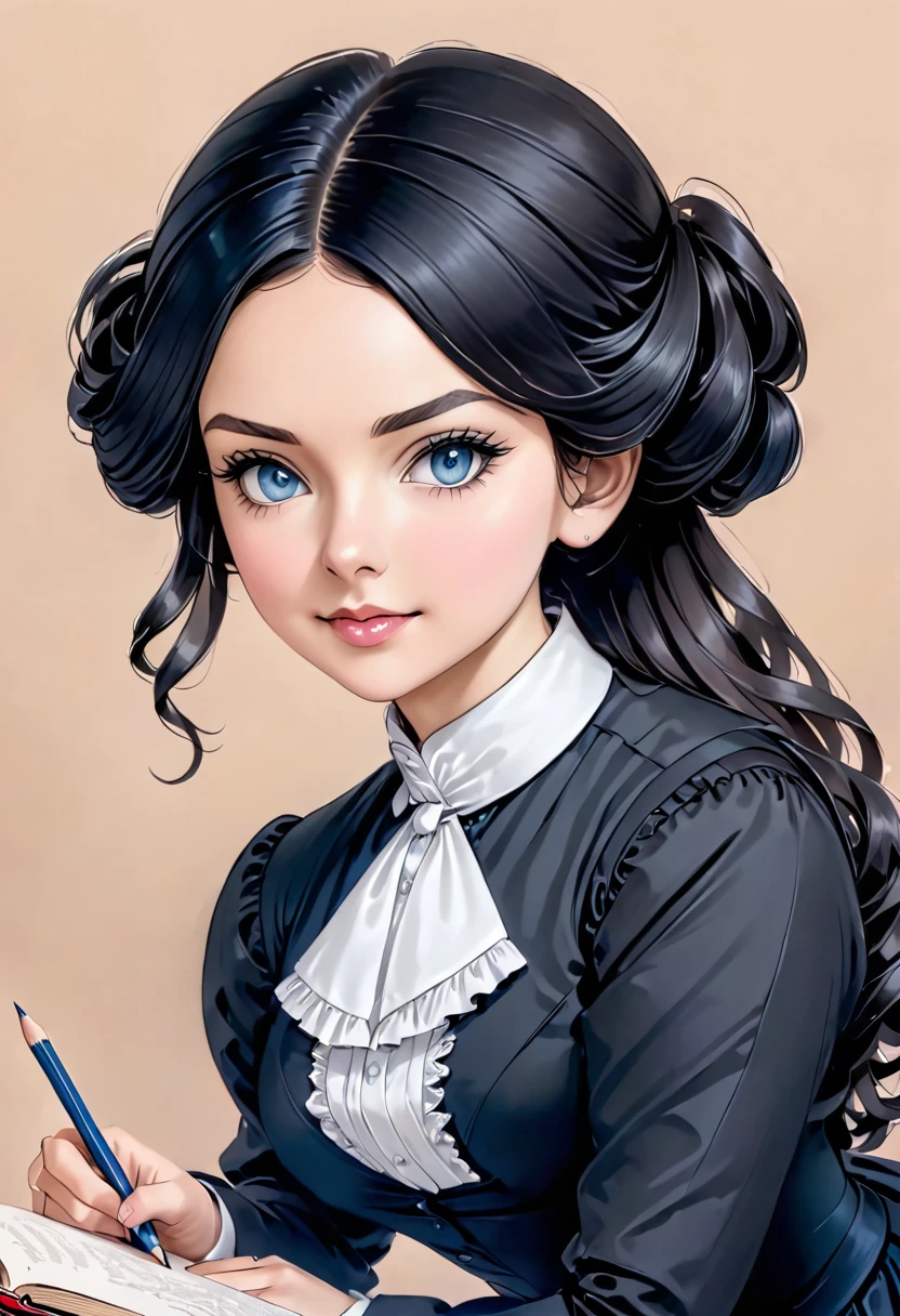 A pencil drawing of a young victorian governess, curly black hair. Kind and inteligent energy.