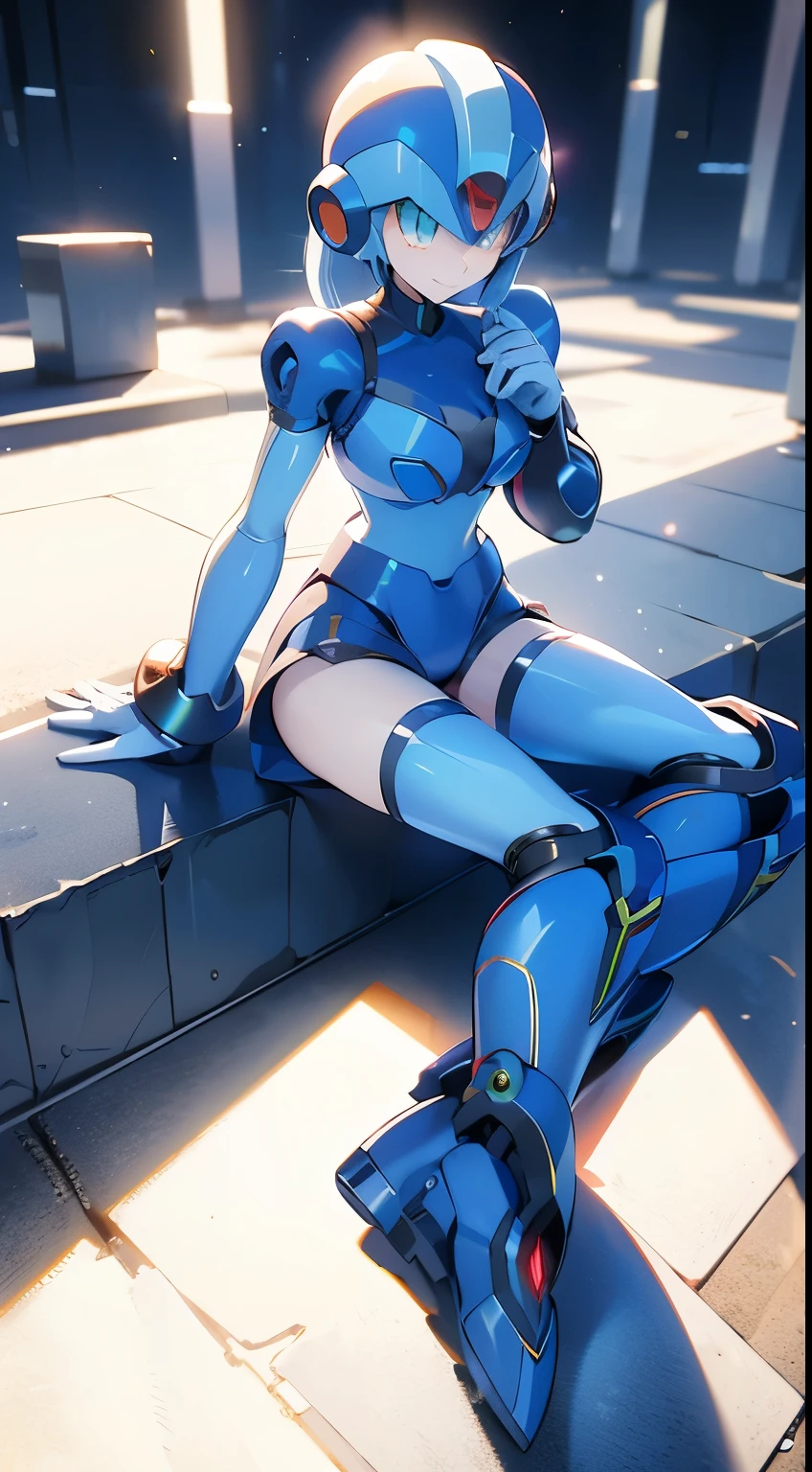 megaman x Girl, cute, Reploid, fullbody shot, sharp eyes, maverick hunter, extremely detailed, dinamic pose, Green eyes, long eyelashes, glowing lips, smile, black waist, sexy but dangerous, 