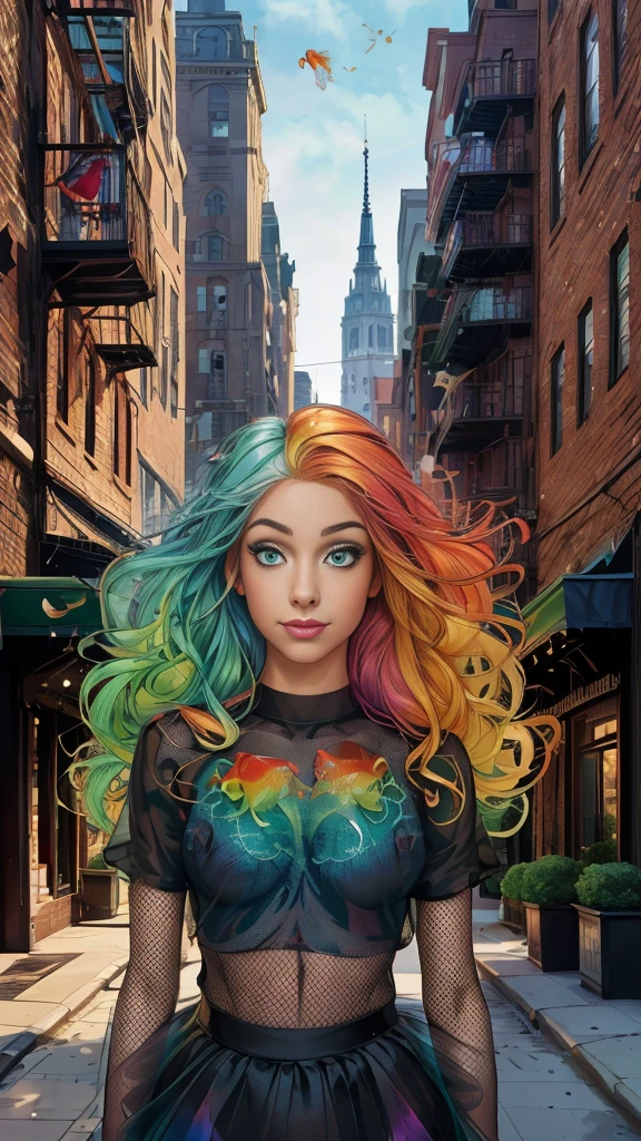 Mature teenage girl, curly blonde rainbow coloured hair, ((rainbow eyeliner mascara)), ((black mesh see through transparent top)), tutu skirt, fishnet stockings, ((naked)), small perfect breasts, ((1 large goldfish floating in the air)), Caucasian, ((one blue eye, one green eye)), smile