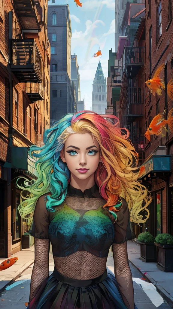 Mature age girl, curly blonde rainbow coloured hair, ((rainbow eyeliner mascara)), ((black mesh see through transparent top)), tutu skirt, fishnet stockings, ((naked)), small perfect breasts, ((1 large goldfish floating in the air)), Caucasian, ((one blue eye, one green eye)), smile