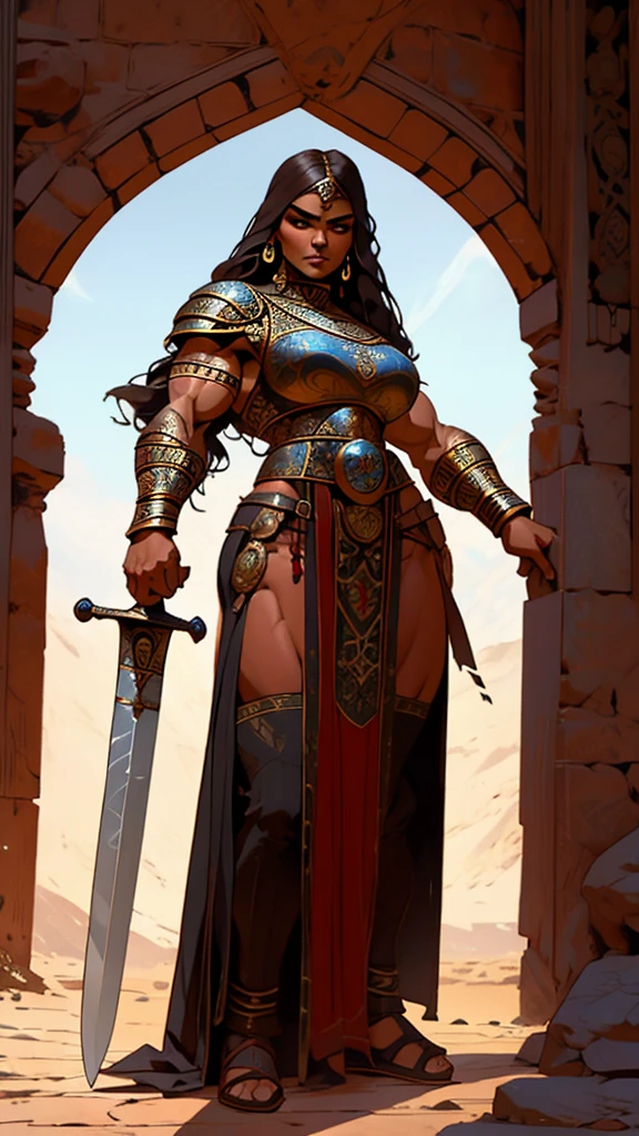 fullbody view, (((muscular))) beautiful persian woman, long dark hair, woman in medieval setting, wearing ornate plate armour with rich decoration, warrior woman with a sword, mighty powerfull frame, slender yet powerful physique