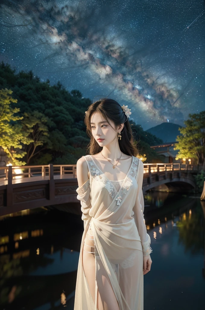(((best quality))),(((ultra detailed))),(((masterpiece))),illustration,((1 beautiful girl,solo)),(shoulder length straight hair:1.2),((earrings,necklace)),((slim,thin)),((small breasts,flat chest)),(gorgeous sheer red Hanfu:1.5),(slender legs:1.2),(loafers:1.2),(standing:1.3),(arms behind back:1.5),(on the stone arch bridge:1.3),((starry sky,the Milky Way,horizon)),elegance, grace, sophisticated updo, delicate hairpins, twinkling stars, radiant smile, bright eyes, wonder, beauty of the night sky, intricate patterns, flowers, birds, vibrant colors, ethereal, enchanting, old bridge, weathered, sturdy, natural surroundings, serene, peaceful atmosphere, rippling water, stars, graceful silhouette, magic, tranquility, twinkling stars, mesmerizing canopy of light, cool air, crisp, faint scent of blooming flowers, contemplation, admiration, ancient China, timeless, rich culture, traditions, captivating, enchanting atmosphere, myth, legend,((from front,upper body)),(cowboy shot:1.3)