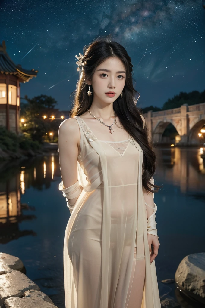 (((best quality))),(((ultra detailed))),(((masterpiece))),illustration,((1 beautiful girl,solo)),(shoulder length straight hair:1.2),((earrings,necklace)),((slim,thin)),((small breasts,flat chest)),(gorgeous sheer red Hanfu:1.5),(slender legs:1.2),(loafers:1.2),(standing:1.3),(arms behind back:1.5),(on the stone arch bridge:1.3),((starry sky,the Milky Way,horizon)),elegance, grace, sophisticated updo, delicate hairpins, twinkling stars, radiant smile, bright eyes, wonder, beauty of the night sky, intricate patterns, flowers, birds, vibrant colors, ethereal, enchanting, old bridge, weathered, sturdy, natural surroundings, serene, peaceful atmosphere, rippling water, stars, graceful silhouette, magic, tranquility, twinkling stars, mesmerizing canopy of light, cool air, crisp, faint scent of blooming flowers, contemplation, admiration, ancient China, timeless, rich culture, traditions, captivating, enchanting atmosphere, myth, legend,((from front,upper body)),(cowboy shot:1.3)