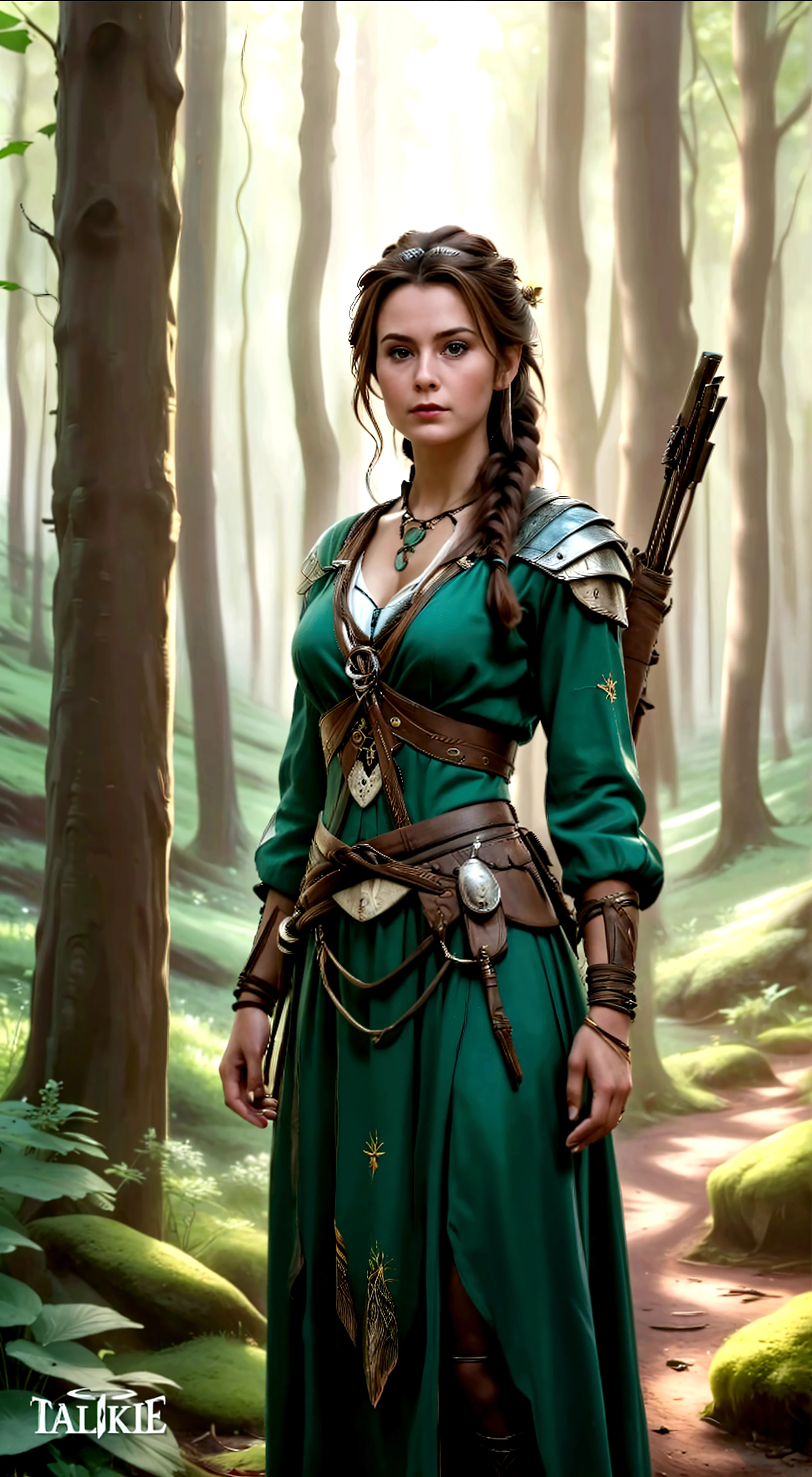 (masterpiece, top quality, best quality, official art, beautiful and aesthetic:1.2), (1girl:1.3), dark brown hair in a single braid, extremely detailed, portrait, looking at viewer, solo, (full body:0.6), detailed background, close up, cat eyes, (warm summer forest theme:1.1), (elf) ranger, charlatan, smirk, mysterious, running in forest, revealing ranger attire, brown leather, cowl, cloak, corset, long boots, buckles, straps, pouches, bow and arrow, green fabric, brown leather, ((((gigantic breasts, cleavage, skindentation)))), slim waist, slim hips, long legs, medieval (forest exterior:1.1) background, dark mysterious lighting, shadows, magical atmosphere, dutch angle,