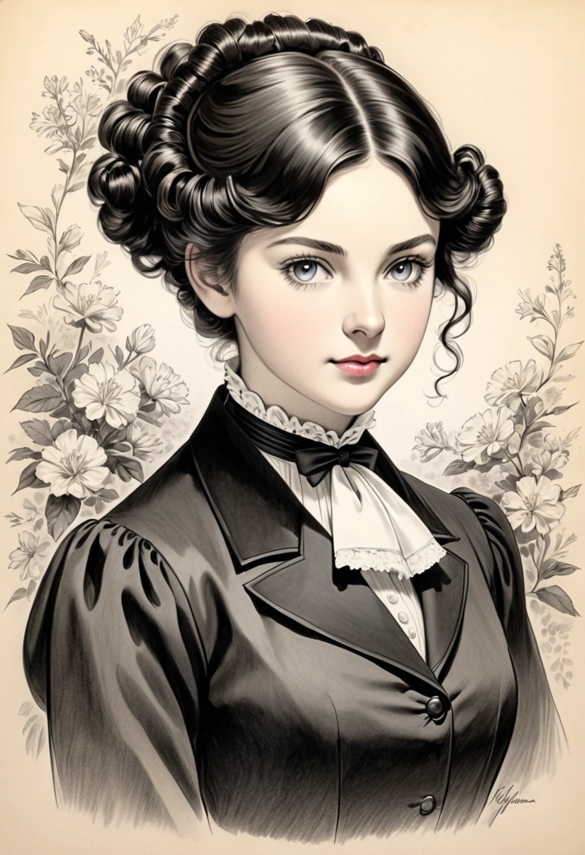 A pencil drawing of a young victorian governess, curly black hair. Kind and inteligent energy.
