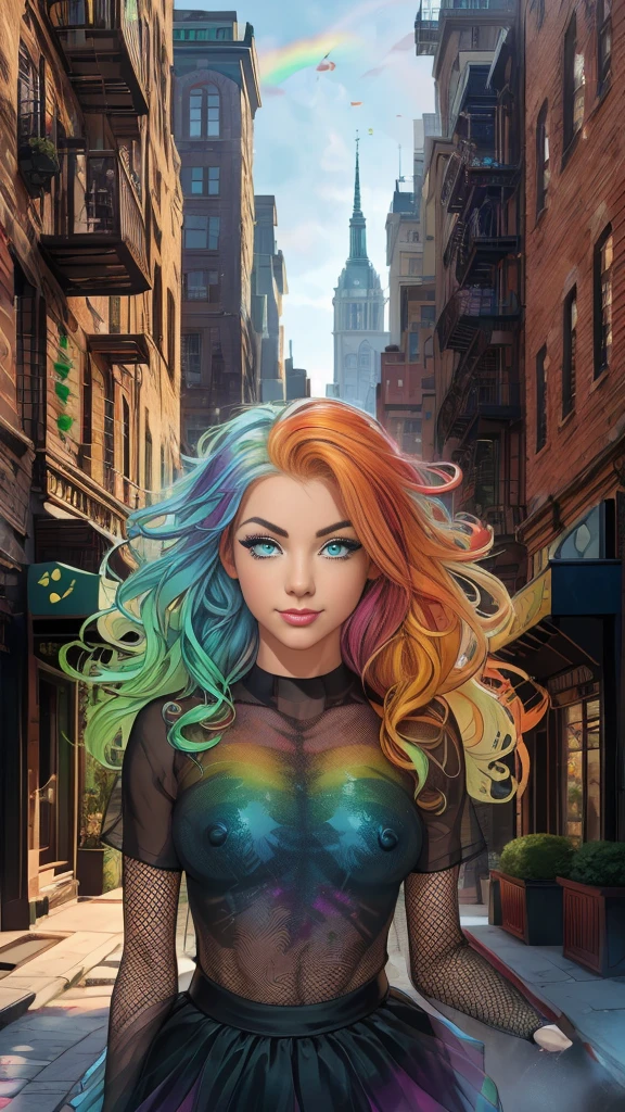Mature age girl, curly blonde rainbow coloured hair, ((rainbow eyeliner mascara)), ((black mesh see through transparent top)), tutu skirt, fishnet stockings, ((naked)), small perfect breasts, ((1 large goldfish floating in the air)), Caucasian, ((one blue eye, one green eye)), smile