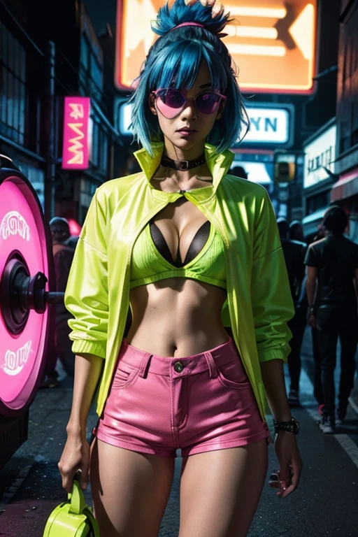 Cyberpunk, keyhole_cleavage, Safe For Work, Woman, street worker, Cyberpunk street in background, brightly colored clothing, ethnically from the South America, sexy clothing, neon colored clothing, short open coat, tight knee length shorts, shirt with cleavage cutout, nicely detailed, sharp focus, neon green shirt, neon yellow coat, neon pink pants, dyed bright blue hair
