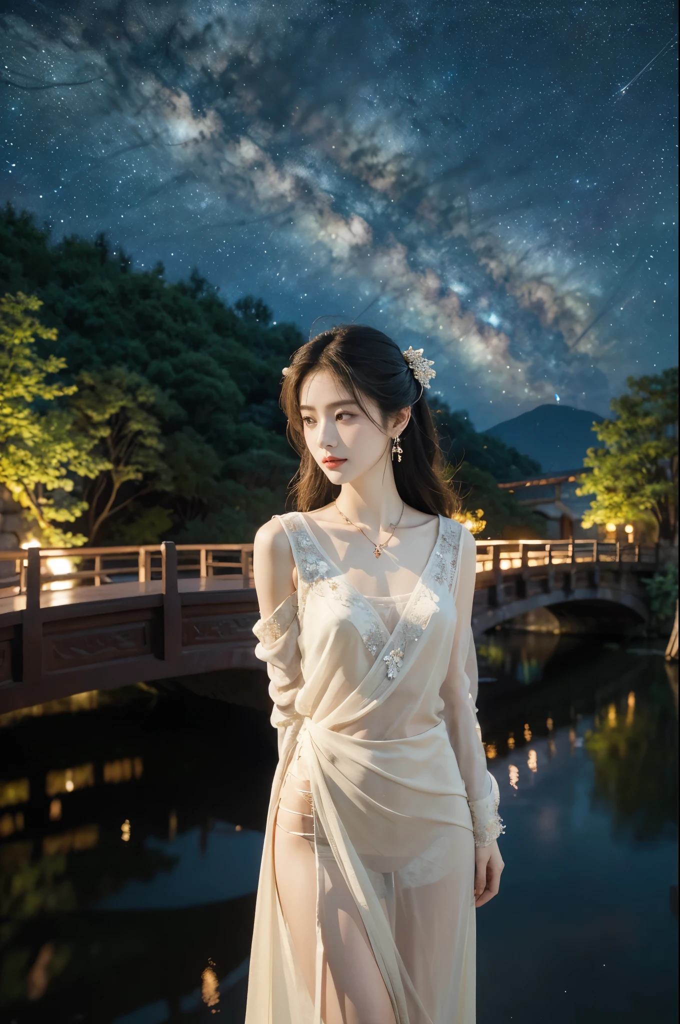 [Core Concept] A high-quality, detailed, and visually striking image depicting a young woman in a lush, floral garden under a starry night sky.

[Character Description] A beautiful, youthful woman with delicate features and an ethereal, serene expression, dressed in flowing, elegant attire.

[Environment/Background] A vibrant, meticulously rendered garden filled with a variety of colorful, blooming flowers and lush greenery, surrounded by a vast, starry night sky.

[Style and Atmosphere] A dreamlike, almost magical atmosphere, with a sense of tranquility and wonder, creating a captivating and visually stunning scene.

[Composition] The woman is positioned centrally, surrounded by the garden's natural beauty and the expansive, starry sky, drawing the viewer's attention to the focal point.

[Details and Embellishments] Intricate details in the flowers, foliage, and the woman's attire, as well as the intricate patterns and textures of the night sky, adding depth and richness to the overall image.

[Technical Specifications] A high-resolution, photorealistic image with exceptional clarity, depth, and attention to detail, showcasing the pinnacle of visual artistry and technology.