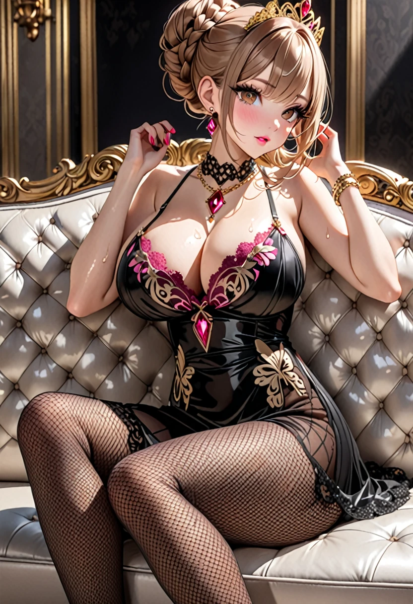 (((Highest quality, Ultra-high resolution、The most complex and detailed depiction)))、((masterpiece:1.3)), (8k, RAW Photos, Best image quality: 1.4), Very detailedな顔、Attention to detail、(Realistic:1.4) 、 (photo-Realistic:1.2), Very detailed, Beautiful attention to detail, (girl:1.4)、((Embarrassing,Trance、(blush)、濃いeyeliner、(Eyelash length、False eyelashes)、double eyelid、((Brown eyes))、Light fluorescent lip gloss,((Dark pink bra、Butterfly pattern))、(big diamond ring、Gorgeous ruby necklace、Large gold earrings)、((Gold bracelet with red gemstones、A gorgeous gold tiara studded with jewels))、(((Sheer black lace dress、Mesh fabric、Fishnet tights))),((Black opera gloves))、(black tights)、(Dark pink high heels:1.4),(Huge breasts:1.6),、(Cleavage:1.2)、(((Light brown hair、Braided hair:1.2)))、((Tie your hair up,Put your hair up:1.5))、Gal-style makeup、eyeliner、黒のeyeliner、eye make up、(Eyelash length、False eyelashes)、Eyelash length、Spread your legsこちらに向ける、(Big eyes、Large pupils)、(((whole body)))、Spread your legs座る、Spread your legs、((Glamorous Body))、(Saggy breasts、Large saggy breasts)、((Sweat、Your body is wet))、(((Spread your legs and lie down on the luxurious platinum sofa))),Extended toeoist eyes、face with gills