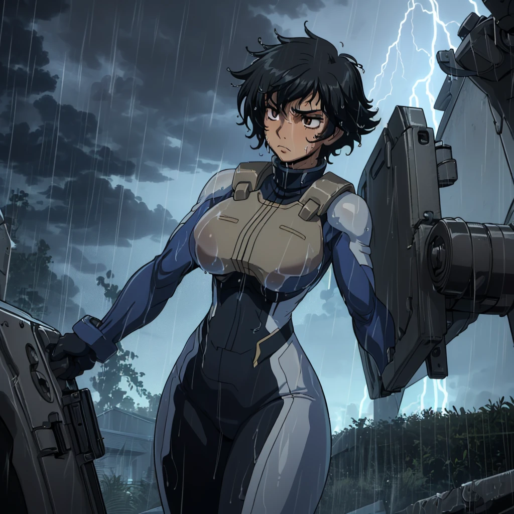 closed mouth, (), ((1girl)), ((((solo))), (((alone))), (((genderbend))), (((female))), wide hips, thick thighs, huge breast, narrow waist,  1st pilotsuit, 1st skin tight bodysuit, cockpit, monitor, ((anime artstyle)), long eyelashes, long black hair, (((raining))), (((storm))), (((at night))), (((wet))), in the dark