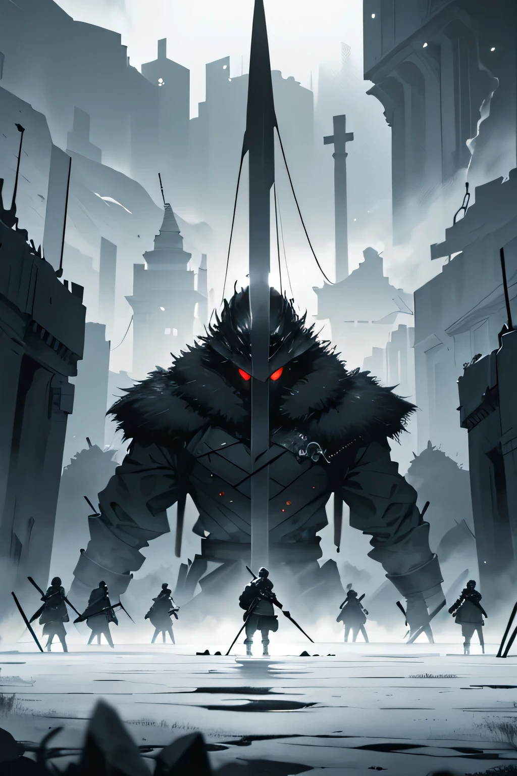 "Create an image in a monochromatic style, featuring a lone warrior facing a large army. The warrior should be in the foreground, holding a sword and standing ready for battle. The background should be filled with numerous soldiers, all pointing their spears towards the warrior, creating a dramatic and intense scene. The overall tone should be dark, with strong contrasts between black and white, highlighting the solitary figure against the overwhelming force. Include the phrase 'What's Important Now W.I.N.' at the bottom of the image."
