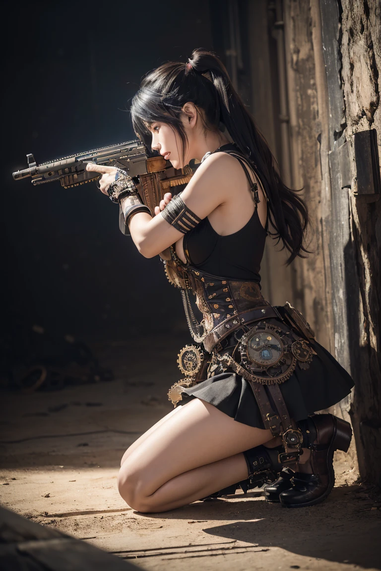 (((steampunk))), (((a body with a large gear attached))), anime girl with rifle shooting at a rock wall, the bottom shows a soldier aiming his gun in the air, 1girl, a body with a large gear attached, weapon, solo, gun, one knee, long hair, skirt, rifle, gloves, sniper rifle, black hair, holding weapon, black skirt, shell casing, shoes, holding, (((masterpiece))), ((best quality)), (ultra-detailed), ((extremely detailed cg)), ((an extremely delicate)), (perfect lighting), (((8k))), (dynamic angle), ak-47, akm, kalashnikov_rifle, assault_rifle, holding_gun,