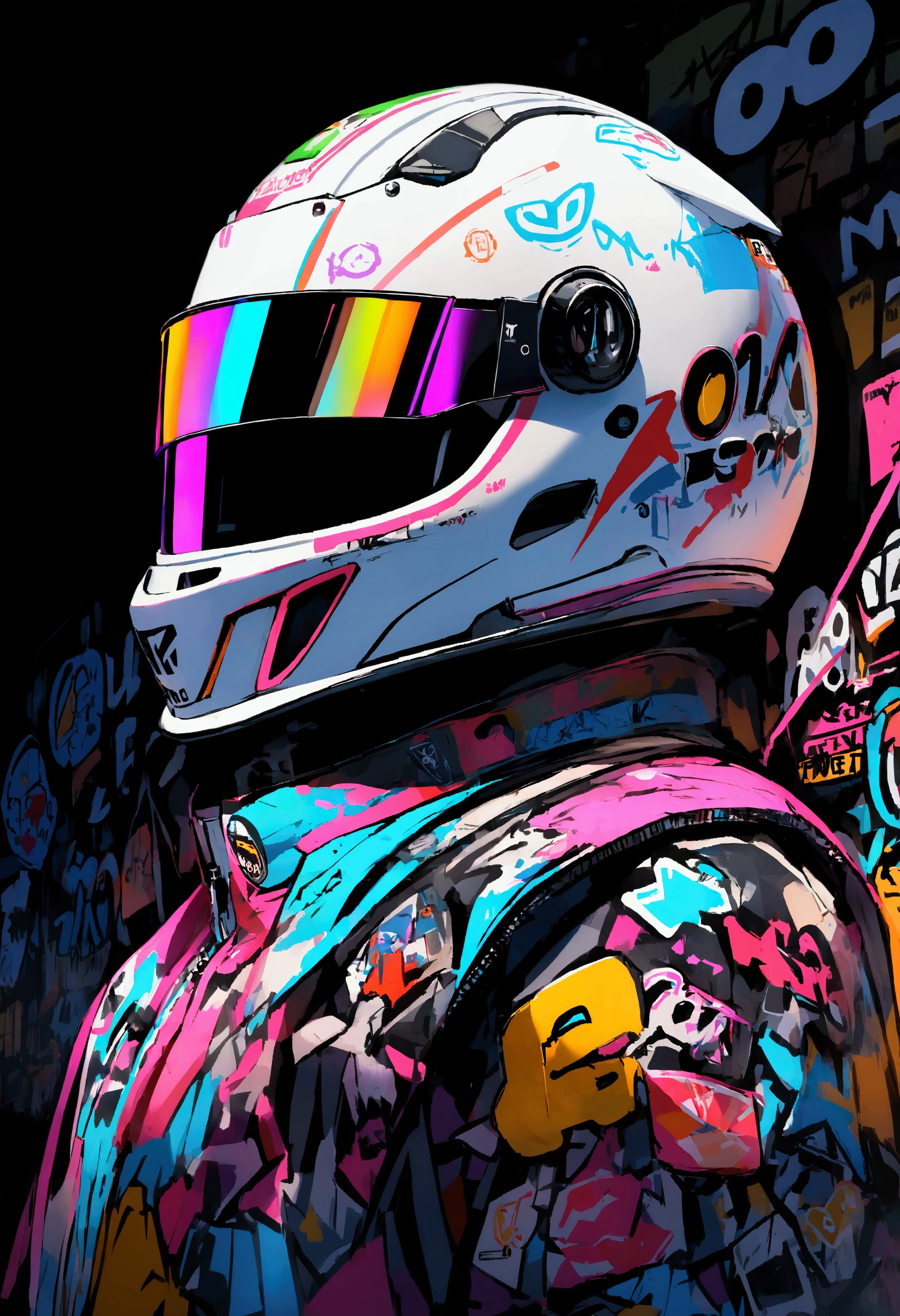 Formula 1 helmet, profile view, stickers and graffiti, letters, 0.1, white helmet black background, letters with neon edges, dark background, black background, glowing visor