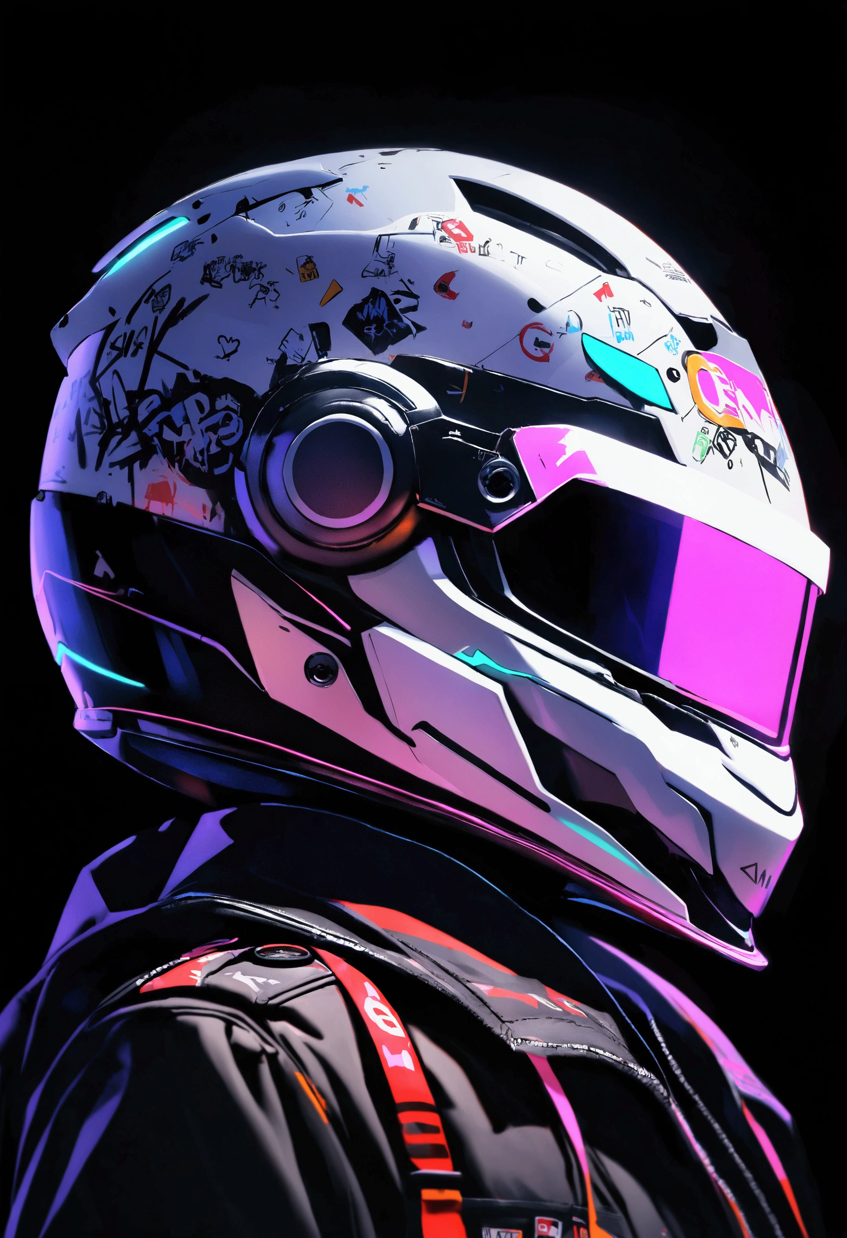 Formula 1 helmet, profile view, stickers and graffiti, letters, 0.1, white helmet black background, letters with neon edges, dark background, black background, glowing visor