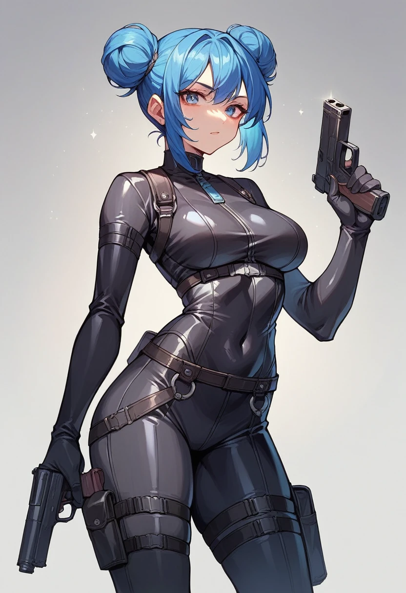 1girl, ((light blue elbow gloves)), ((surgical gloves)), ((latex gloves)), ((long sleeves)), ((black surgeon outfit)), ((black doctor outfit)), looking at viewer, standing, solo