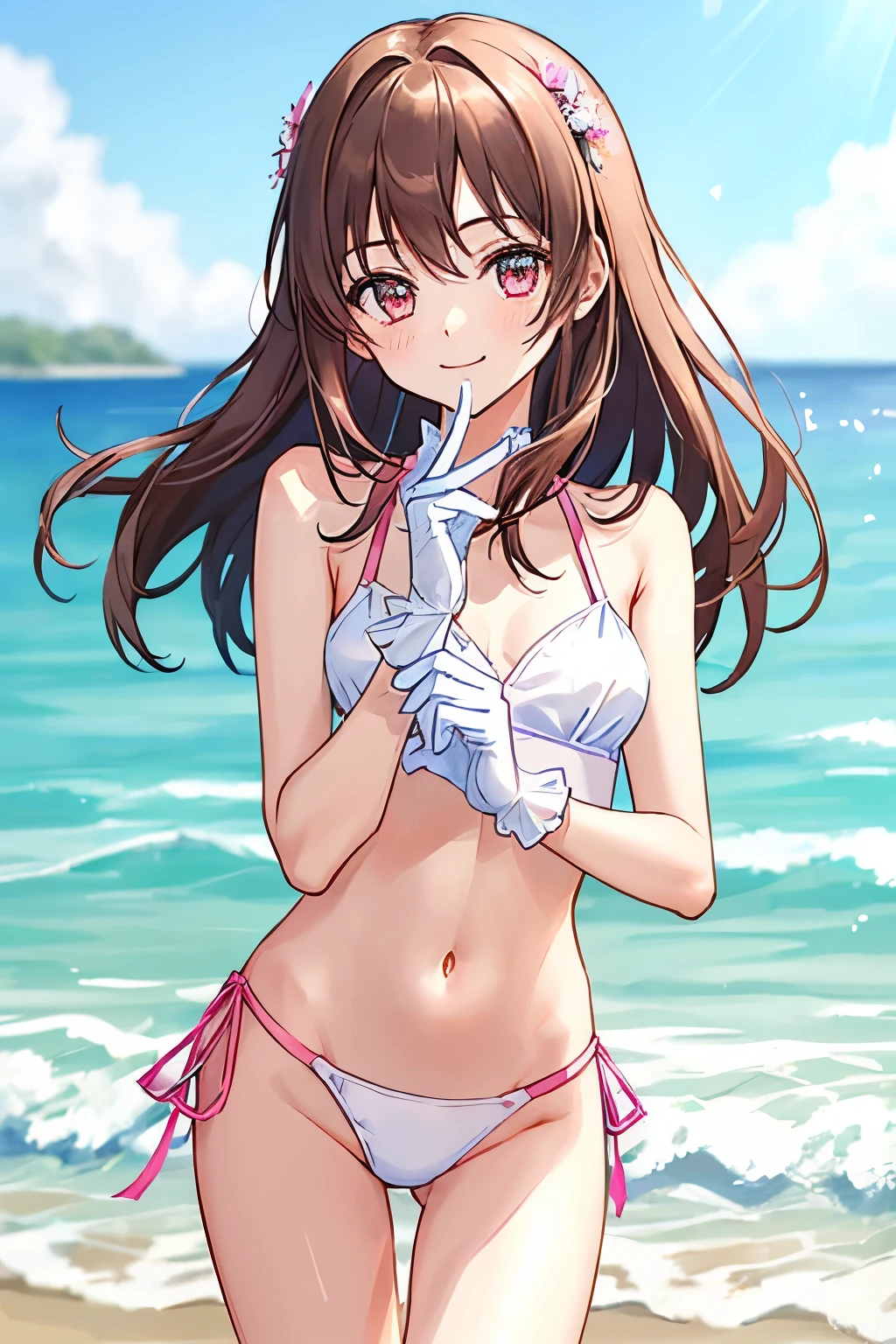 (1_girl, masterpeice, cleanbeautiful:1.6), energetic, (anime:1.5), (soft:1.8), (young:1.5), (cute:1.8), (extremely_delicate, delicate:1.8), (thin:1.3), (beautiful:1.3), (beach_background:1.5),  (dark_brown_hair:1.5), (soft_bright_pink_eyes, wearing_pink_bikini, wearing_thin_white_gloves:1.5), (maid), soft_chin, (no_outlines:1.5), (cute_soft_smile:1.6), age_fits_body, (small_thighs), (love_magic:1.5), (eye_level:1.3), (slim_body:1.3), (breasts)