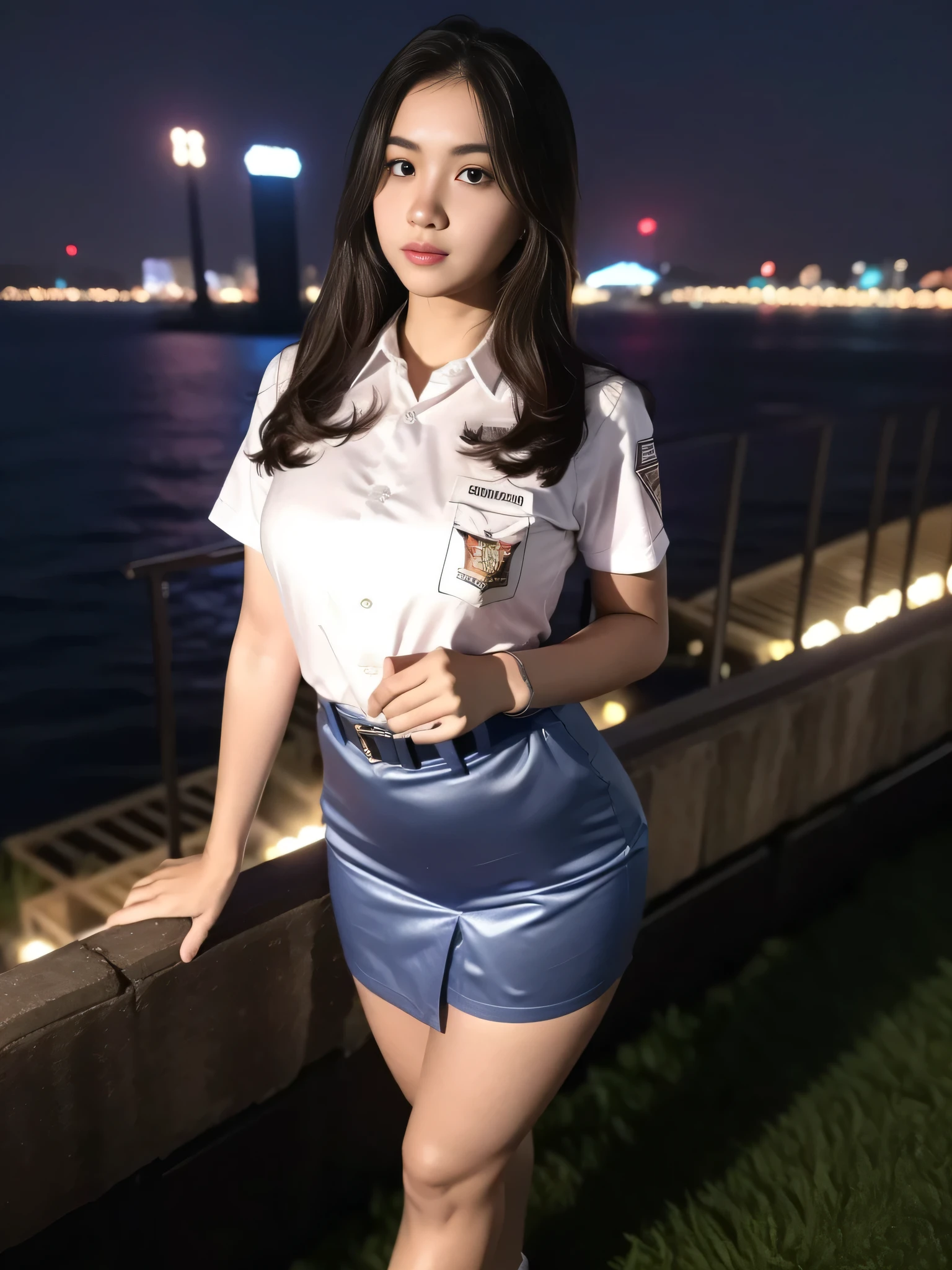 1girl, (uniform), standing, outdoors, night view, Metropolitan city at the background, detailed face, detailed eyes, medium breasts, shiny realistic skin, fit body, short skirt, looking at the audience, (ultra wide angle shot: 1.4), (8k, RAW photo, best quality, masterpiece: 1.2), (realistic, realistic: 1.37), ultra-high resolution