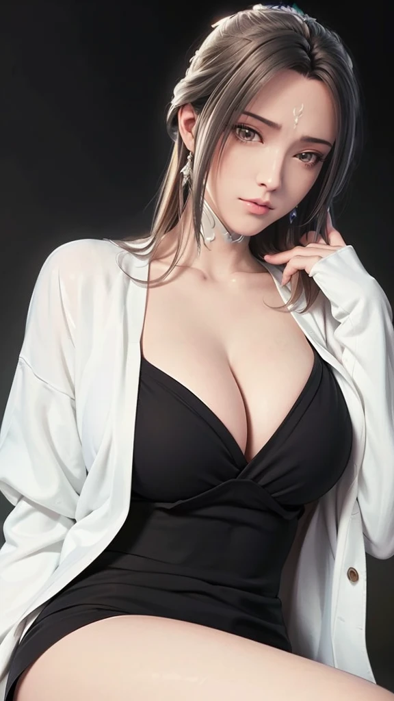 (((Perfect body,White and tender skin,(((White wool cardigan and black skirt,))),(((Luxueqi,Facial marks,Black Hair))),((masterpiece)),high resolution, ((Best quality at best)),masterpiece,quality,Best quality,((( Exquisite facial features,Looking at the audience,There is light in the eyes,Smile))),))),(((Light and shadow,Huge breasts,))),(((Looking at the camera,black background,)))),