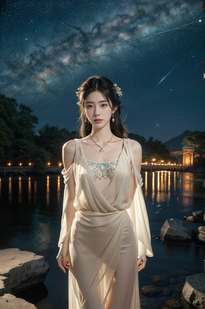 (((best quality))),(((ultra detailed))),(((masterpiece))),illustration,((1 beautiful girl,solo)),(shoulder length straight hair:1.2),((earrings,necklace)),((slim,thin)),((small breasts,flat chest)),(gorgeous sheer red Hanfu:1.5),(slender legs:1.2),(loafers:1.2),(standing:1.3),(arms behind back:1.5),(on the stone arch bridge:1.3),((starry sky,the Milky Way,horizon)),elegance, grace, sophisticated updo, delicate hairpins, twinkling stars, radiant smile, bright eyes, wonder, beauty of the night sky, intricate patterns, flowers, birds, vibrant colors, ethereal, enchanting, old bridge, weathered, sturdy, natural surroundings, serene, peaceful atmosphere, rippling water, stars, graceful silhouette, magic, tranquility, twinkling stars, mesmerizing canopy of light, cool air, crisp, faint scent of blooming flowers, contemplation, admiration, ancient China, timeless, rich culture, traditions, captivating, enchanting atmosphere, myth, legend,((from front,upper body)),(cowboy shot:1.3)