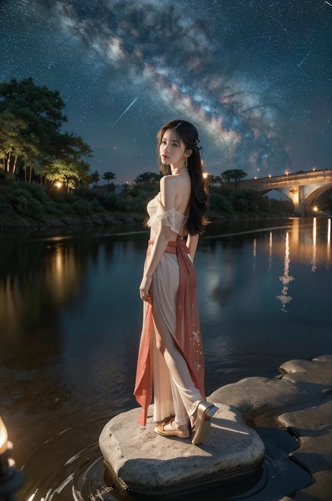 (((best quality))),(((ultra detailed))),(((masterpiece))),illustration,((1 beautiful girl,solo)),(shoulder length straight hair:1.2),((earrings,necklace)),((slim,thin)),((small breasts,flat chest)),(gorgeous sheer red Hanfu:1.5),(slender legs:1.2),(loafers:1.2),(standing:1.3),(arms behind back:1.5),(on the stone arch bridge:1.3),((starry sky,the Milky Way,horizon)),elegance, grace, sophisticated updo, delicate hairpins, twinkling stars, radiant smile, bright eyes, wonder, beauty of the night sky, intricate patterns, flowers, birds, vibrant colors, ethereal, enchanting, old bridge, weathered, sturdy, natural surroundings, serene, peaceful atmosphere, rippling water, stars, graceful silhouette, magic, tranquility, twinkling stars, mesmerizing canopy of light, cool air, crisp, faint scent of blooming flowers, contemplation, admiration, ancient China, timeless, rich culture, traditions, captivating, enchanting atmosphere, myth, legend,((from front,full body))
