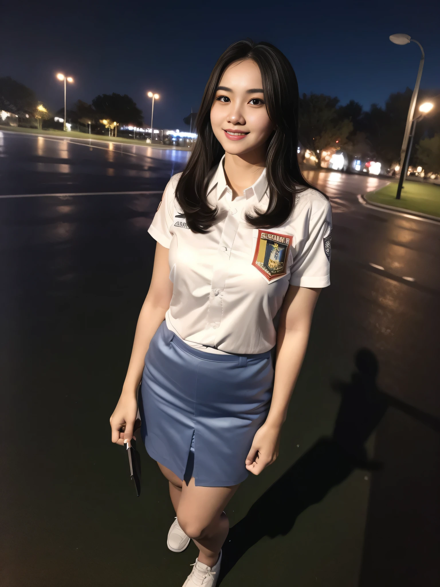 1girl, (uniform), standing, outdoors, night view, Metropolitan city at the background, detailed face, little smile, detailed eyes, medium breasts, shiny realistic skin, fit body, short skirt, looking at the audience, (ultra wide angle shot: 1.3), (8k, RAW photo, best quality, masterpiece: 1.2), (realistic, realistic: 1.37), ultra-high resolution