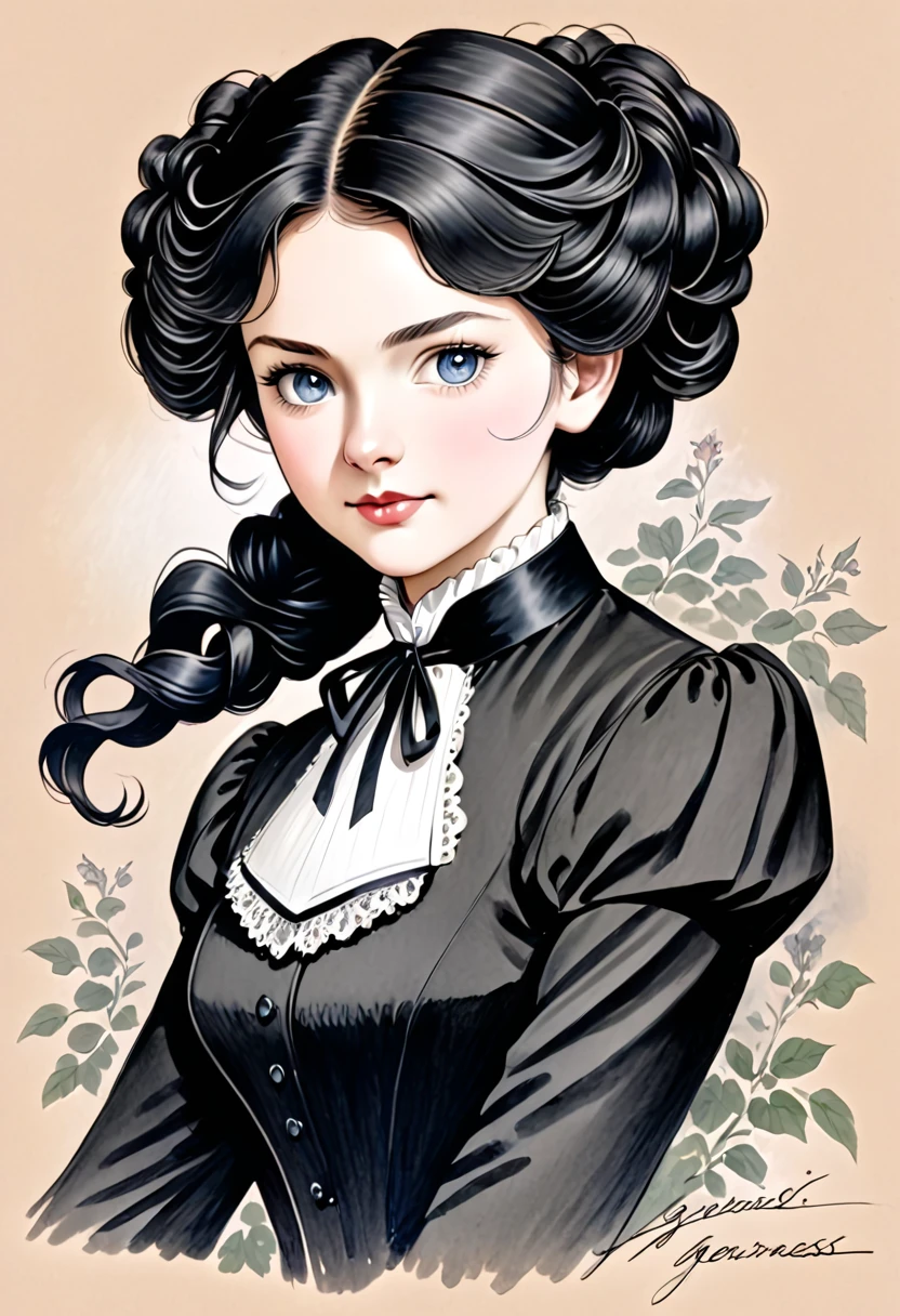 A pencil drawing of a young victorian governess, curly black hair. Kind and inteligent energy.
