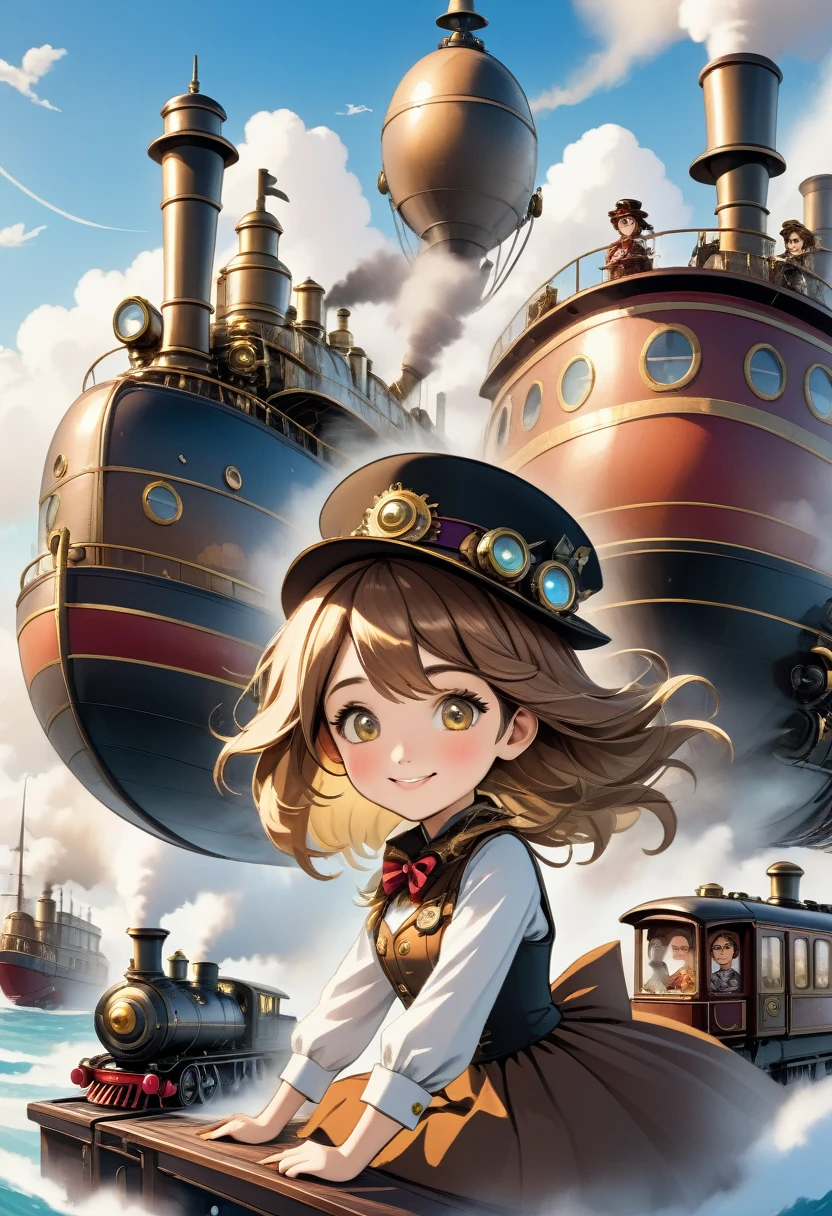 (detailed face), cartoon smiling girl sitting on table with steam train and hat, girl with parts of warship, cute and detailed artwork, steampunk zeppelin, detailed steampunk illustration, steampunk airship, detailed animation artwork,. steampunk inventor girl, steampunk illustration, steampunk airship, cute and detailed digital art, detailed anime art, high quality steampunk art, steampunk airship!!!!!!! , clean detailed animated art,