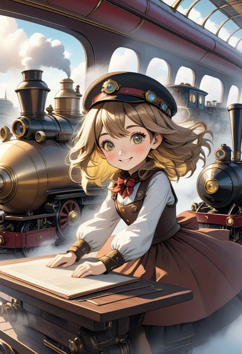 (detailed face), cartoon smiling girl sitting on table with steam train and hat, girl with parts of warship, cute and detailed artwork, steampunk zeppelin, detailed steampunk illustration, steampunk airship, detailed animation artwork,. steampunk inventor girl, steampunk illustration, steampunk airship, cute and detailed digital art, detailed anime art, high quality steampunk art, steampunk airship!!!!!!! , clean detailed animated art,