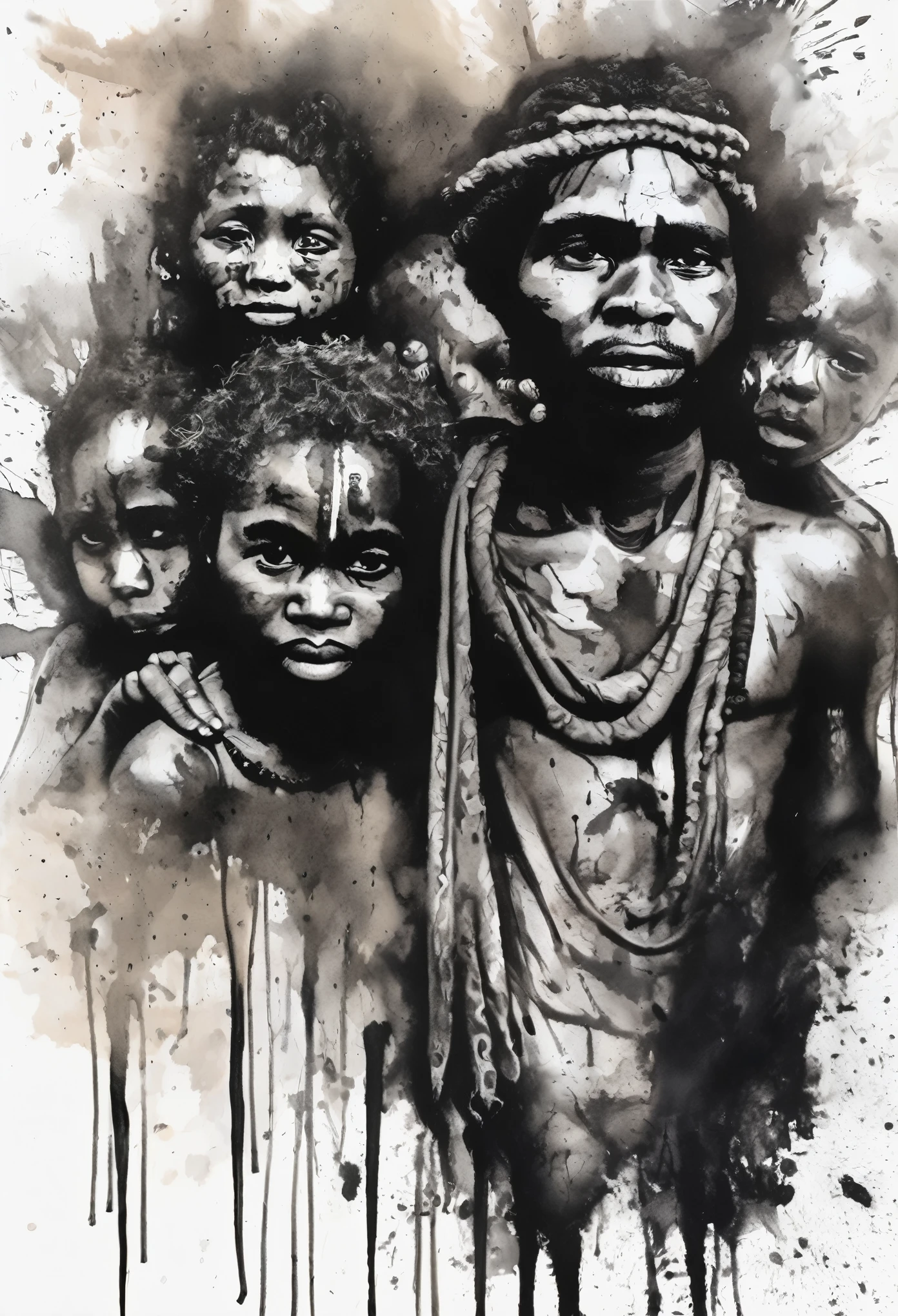 black ink art, shilouete, a group of refugees, papuan, melanesian, tribes, human displacement, man and woman, expression ink, smudge, ink stain, ink stains