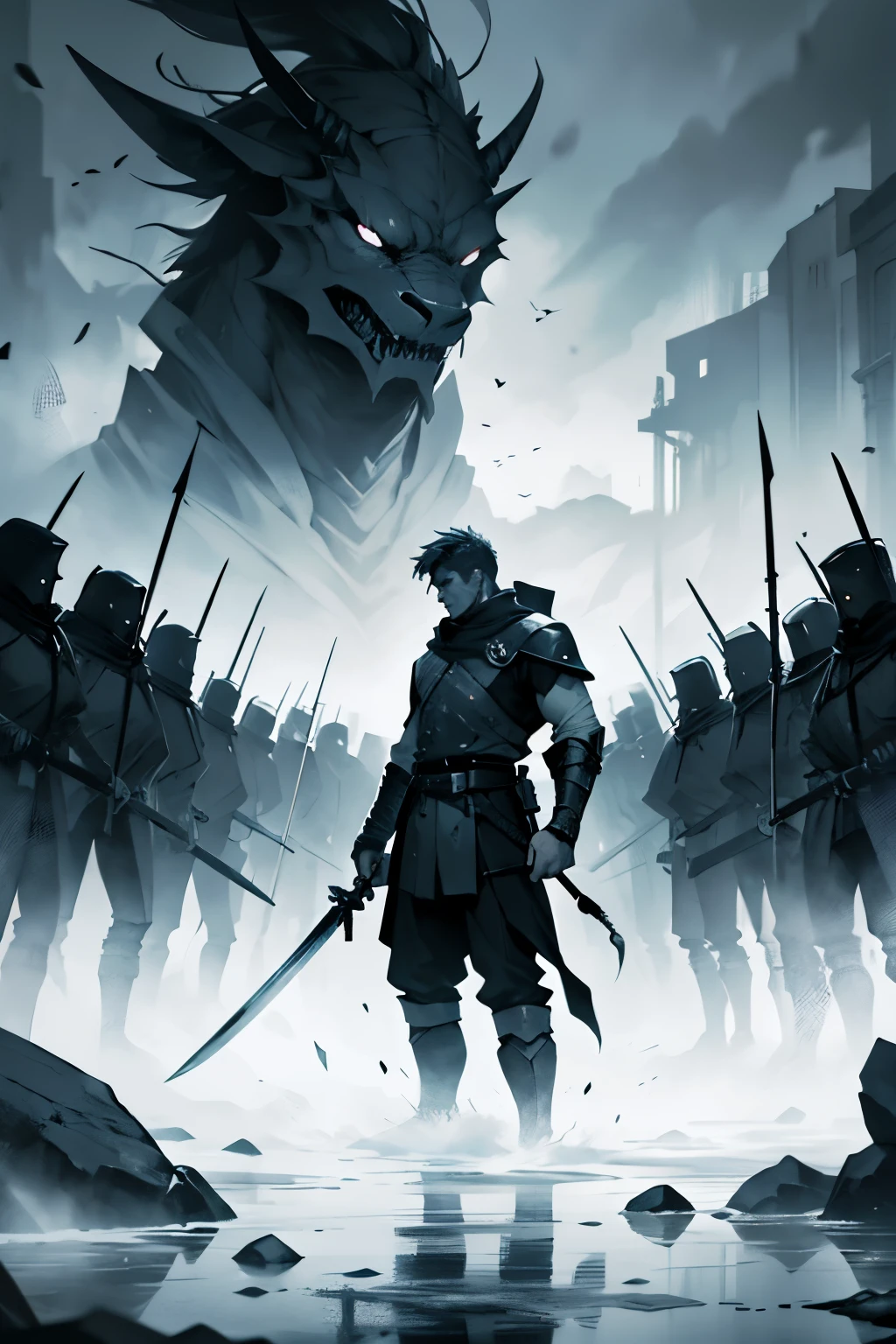 "Create an image in a monochromatic style, featuring a lone warrior facing a large army. The warrior should be in the foreground, holding a sword and standing ready for battle. The background should be filled with numerous soldiers, all pointing their spears towards the warrior, creating a dramatic and intense scene. The overall tone should be dark, with strong contrasts between black and white, highlighting the solitary figure against the overwhelming force. Include the phrase 'What's Important Now W.I.N.' at the bottom of the image."