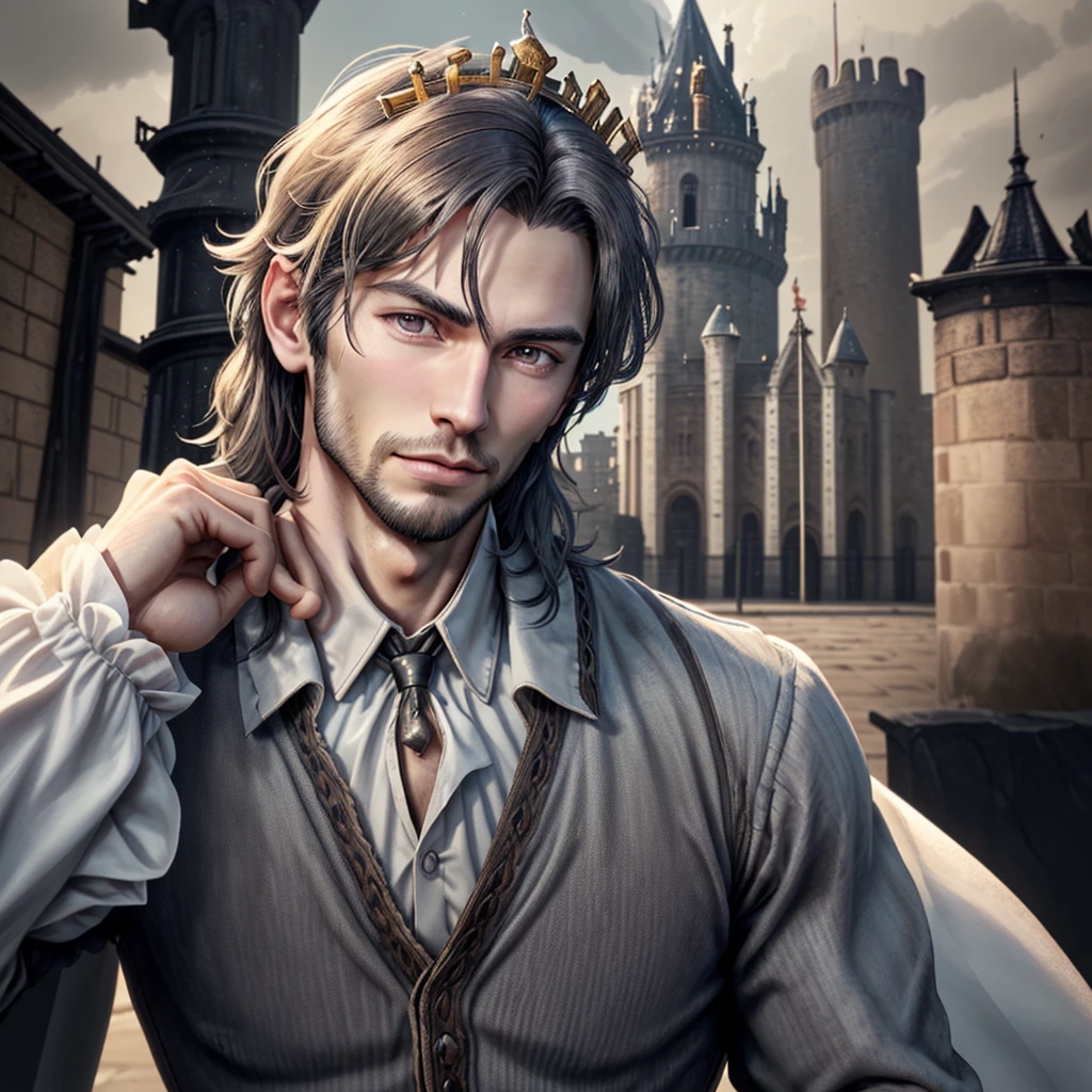 Handsome man wearing a crown with castle in background