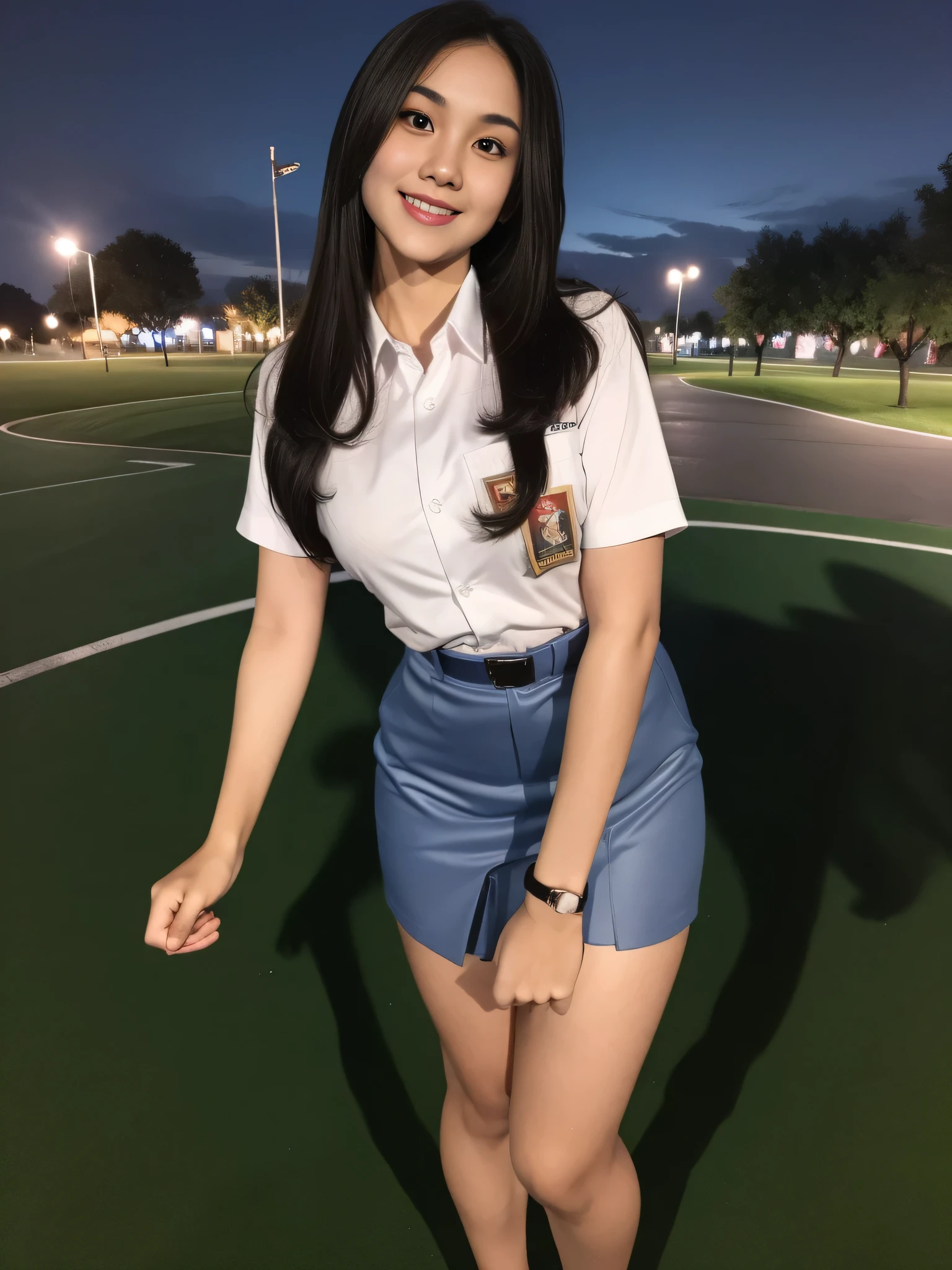 1girl, (uniform), standing, outdoors, night view, Metropolitan city at the background, detailed face, little smile, detailed eyes, medium breasts, shiny realistic skin, fit body, short skirt, looking at the audience, (ultra wide angle shot: 1.3), (8k, RAW photo, best quality, masterpiece: 1.2), (realistic, realistic: 1.37), ultra-high resolution
