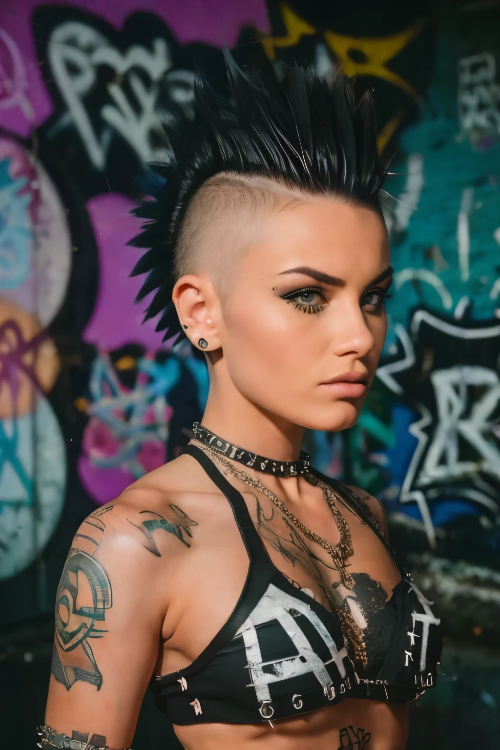 Photorealistic, ultra-detailed, ((side viewer)), (((Rocker punk girl, spiky mohawk hair))) girl, hot Body,  bikini, mini Black shorts, spike and chains, tattoo. portrait photo, Solo, dimly lit room, edgy urban scene with graffiti, dark and moody, late evening, city lights flashing, neon lighting The essence of rock and roll, fringe hair, 18 years old, assertive, confident expression, showcasing multiple piercings, blurry background, Crystal clear eyes gleaming with passion, analogue style, grunge texture, Best contrast, industrial, Instagram LUT, Professional, 4k, electrifying gaze, shot on Nikon, 50mm, shallow depth of field,  ((Abandoned Graffiti Wall Background, cinematic lighting )).